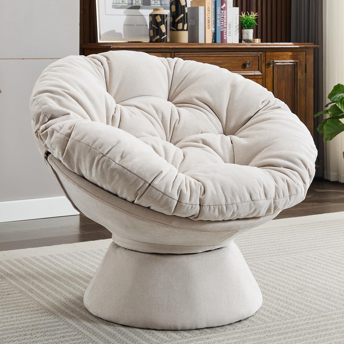 Papasan Egg Chair With Cushion And Frame, 360 Swivel Accent Barrel Round Chair, Comfy Chenille Upholstered Modern Oversized Lazy