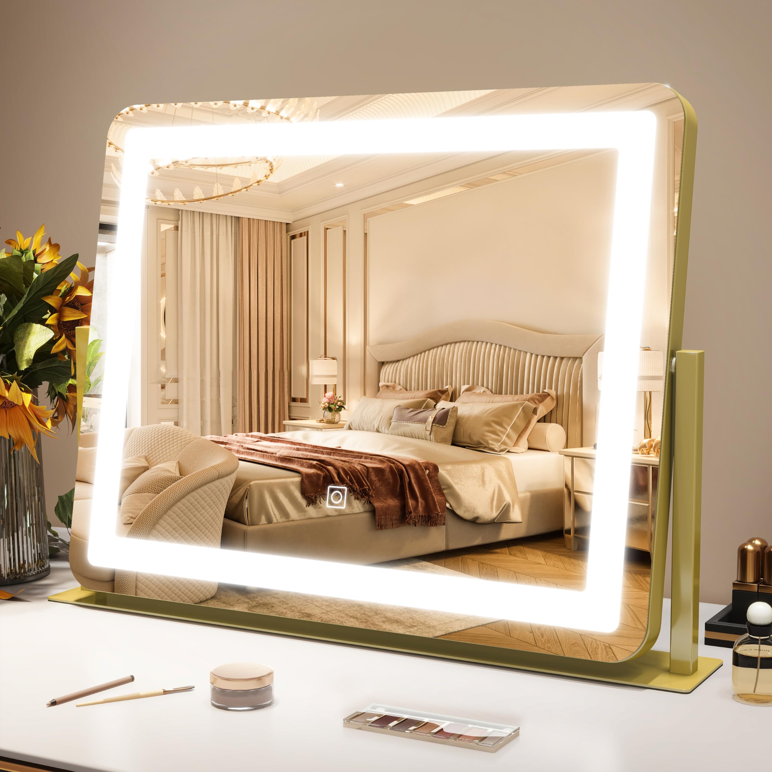 ROLOVE Gold Vanity Mirror Makeup Mirror with Lights, Large Lighted Vanity Mirror, Light Up Mirror with Smart Touch 3 Colors Dimm