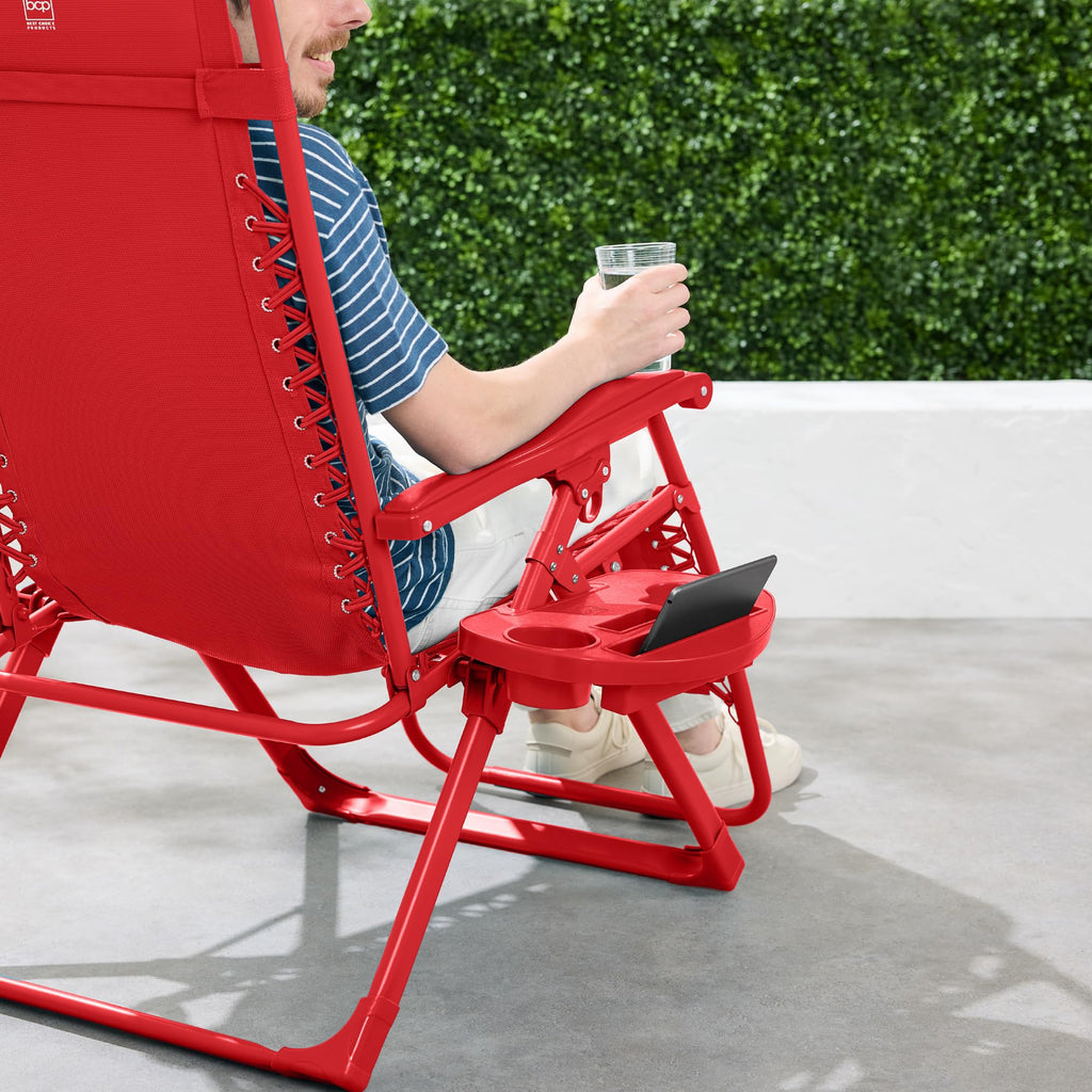 Best Choice Products Adjustable Zero Gravity Chair, Monochromatic Color Folding Patio Recliner W/Side Tray, Headrest - Chili