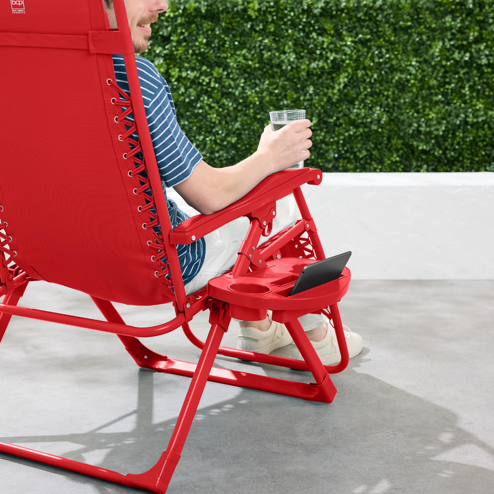Best Choice Products Adjustable Zero Gravity Chair, Monochromatic Color Folding Patio Recliner W/Side Tray, Headrest - Chili