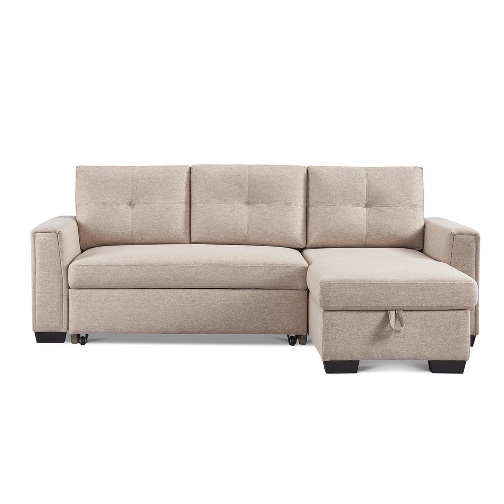 American Furniture Classics Beige Tufted Sectional Chaise Sofa Sleeper with Storage, 92" x 59" x 36"