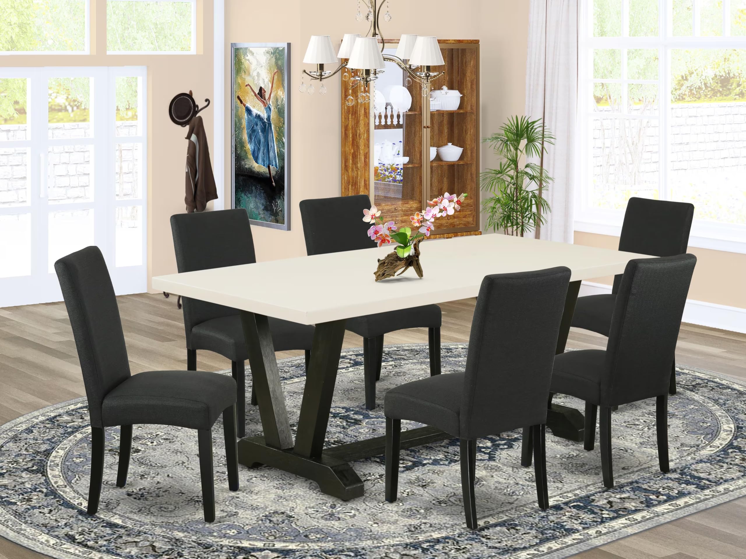 East West Furniture V627Dr124-7 7 Piece Modern Dining Table Set Consist Of A Rectangle Wooden Table With V-Legs And 6 Black Color Linen Fabric Parsons Dining Chairs, 40X72 Inch, Multi-Color