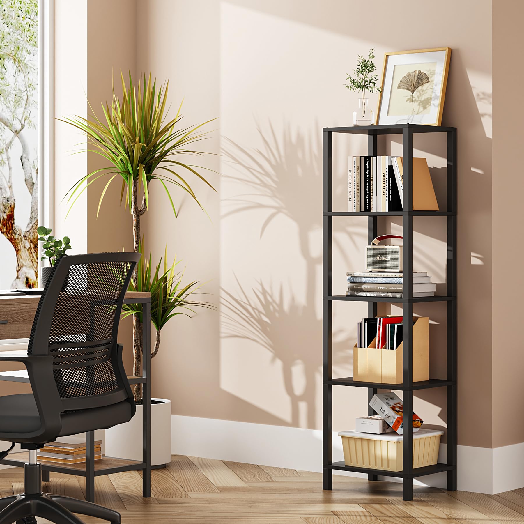 Tutotak Bookshelf, 5-Tier Tall Book Shelf, Narrow Bookcase For Small Space, Diy Stackable Bookshelf, For Living Room, Office, Study, Entryway, Industrial, Black Bs01Bk005