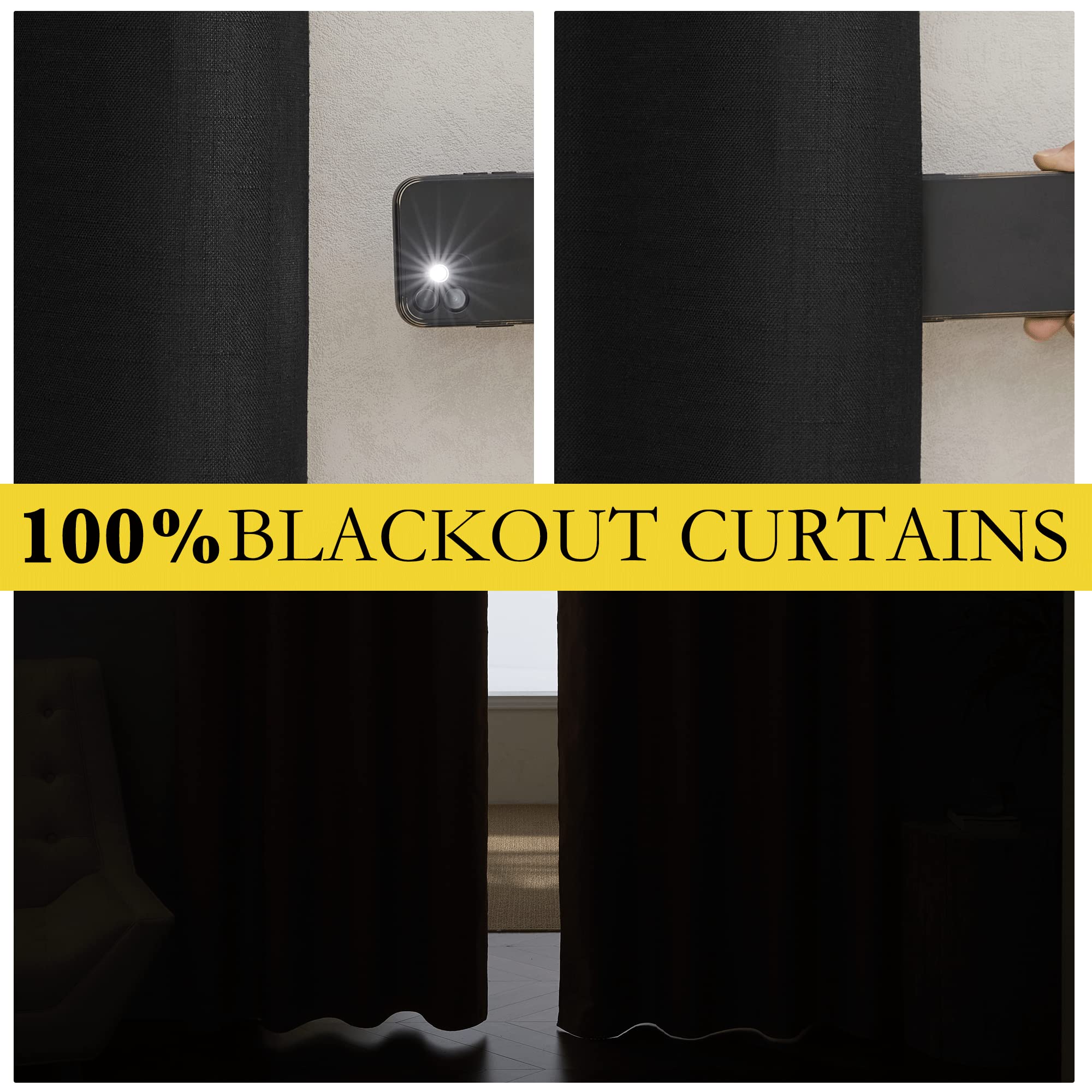 Nicetown Black Out Linen Curtains, Complete Blackout Shades For Large Window Door, 100% Blackout Window Curtain Panels With White Lined, 52 Inches Width Each Panel, 95 Inches Length, 2 Pieces