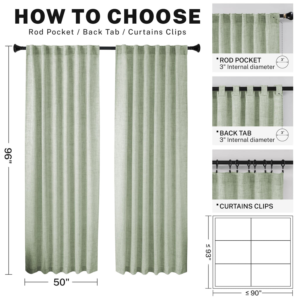 Meetbily Sage Green Linen Curtains 96 Inches Long Semi Sheer Back Tab Drapes For Living Room 2 Panels Light Green Boho Neutral C