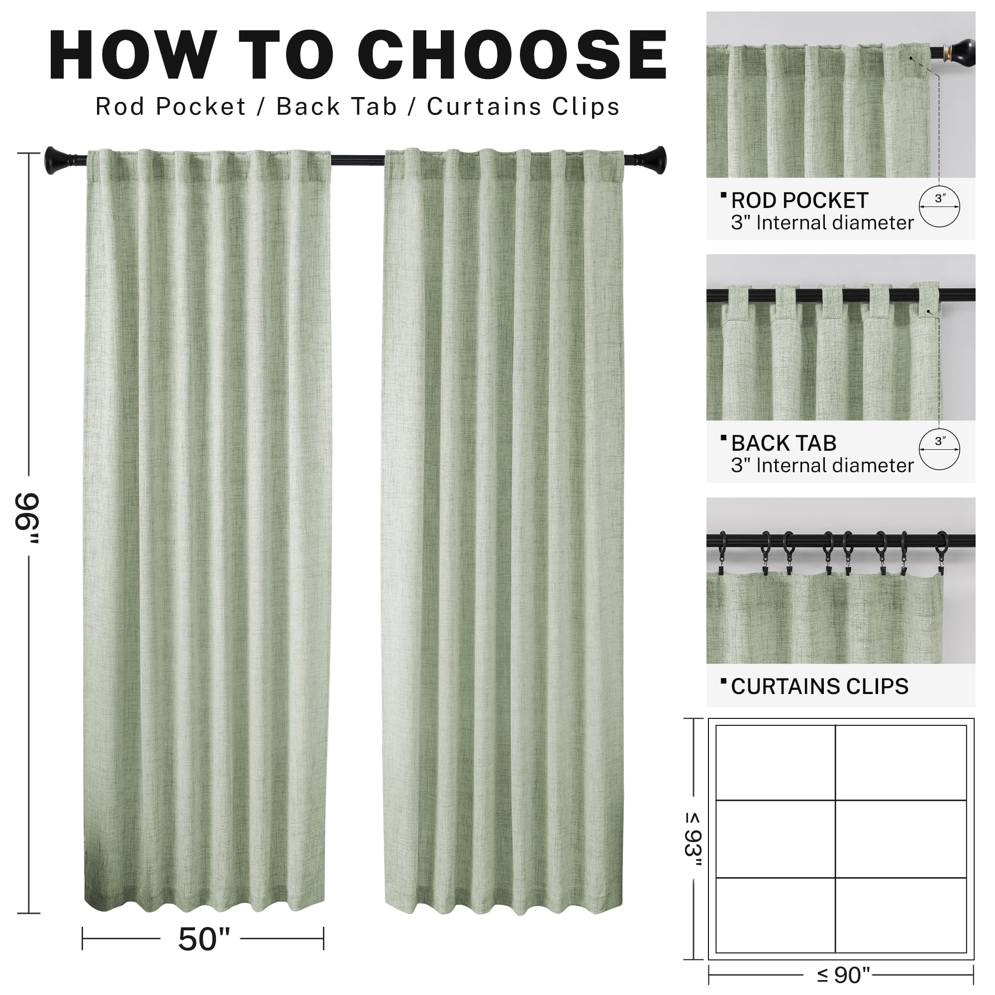 Meetbily Sage Green Linen Curtains 96 Inches Long Semi Sheer Back Tab Drapes For Living Room 2 Panels Light Green Boho Neutral C