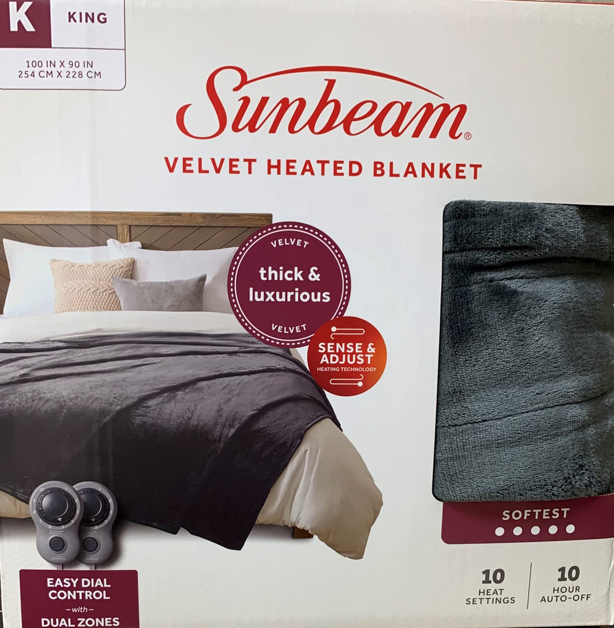 Sunbeam Luxurious Velvet Plush King Heated Blanket with 20 Heat Settings, Auto-Off, 2-Digital Controllers, 5 Yr Warranty - Blue
