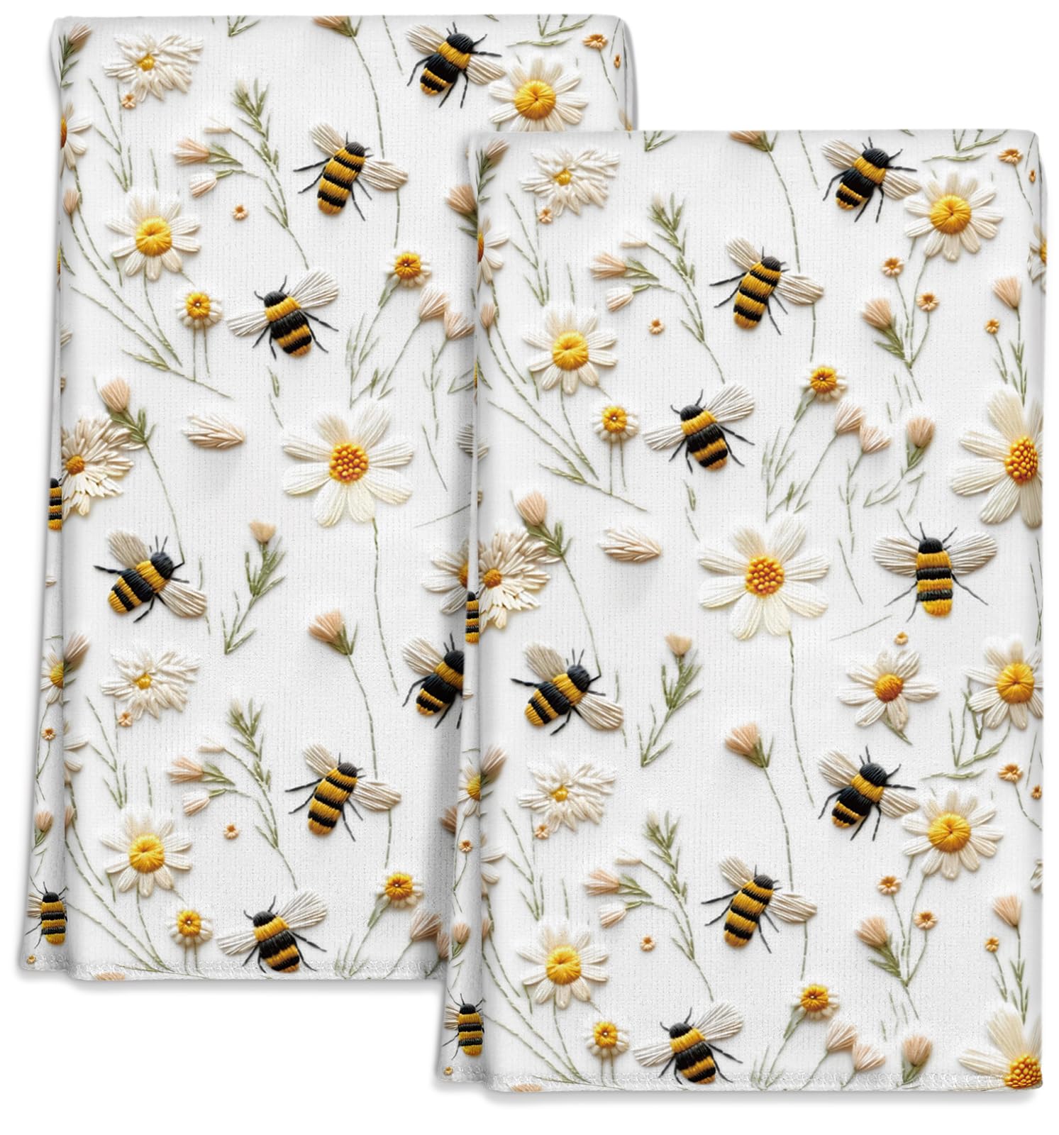 Miss Adola Microfiber Kitchen Towels - Set of 2 Dish Towels for Kitchen 18 x 26 Inch Home Decoration White Flower Bee Cute Sprin
