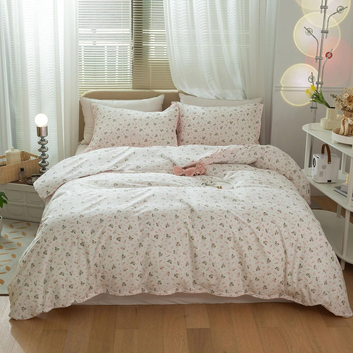 Mixinni Girl Comforter Set Twin Xl Pink White Flower Leaf Print Bedding Sets, Cute Floral Bedding Comforter Sets For All Seasons