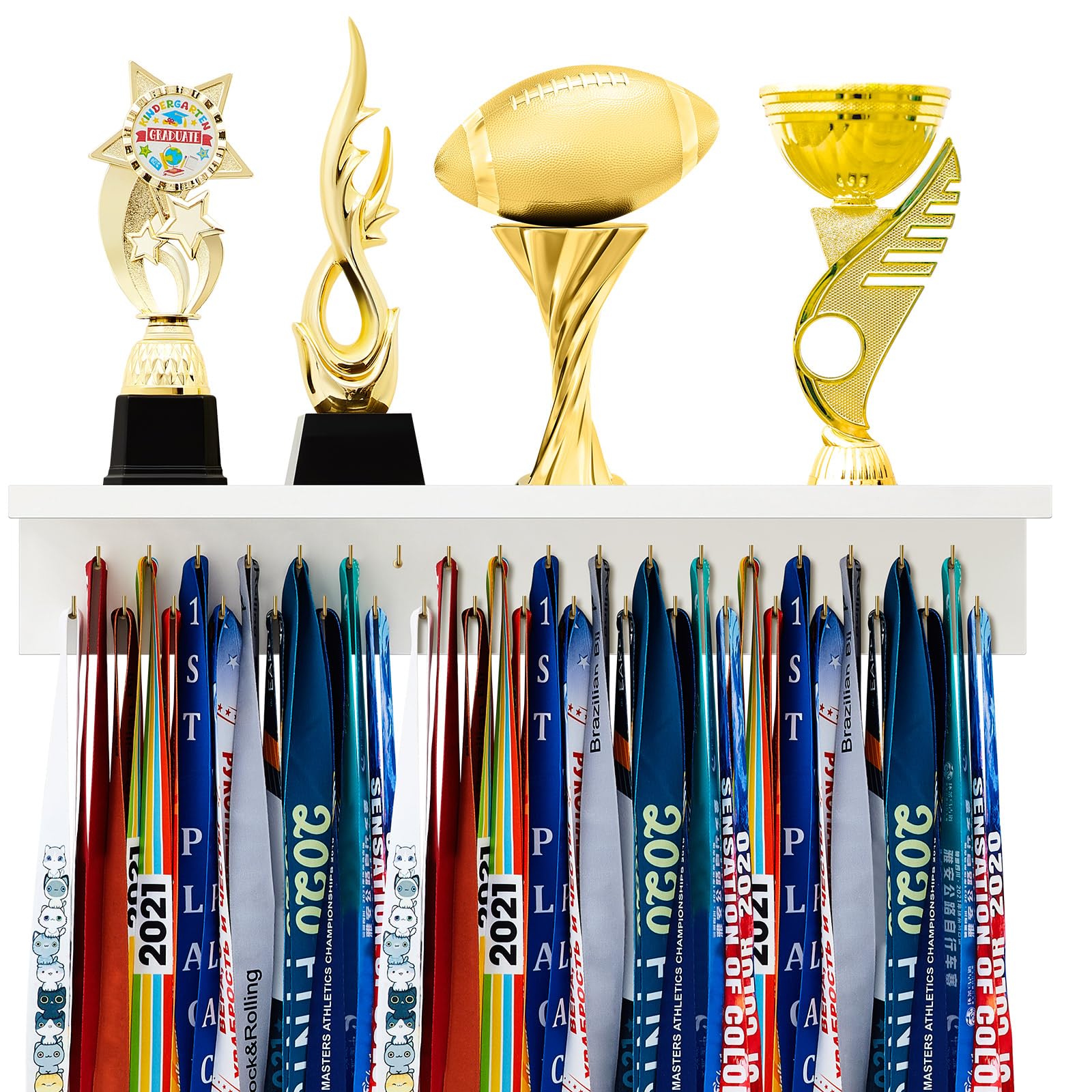 Threehoney Wooden Medal Hanger Display Trophy Holder Shelf with 25/37/49/65 Hooks Wall Mount Ribbon Holder Christmas Gift for Gy