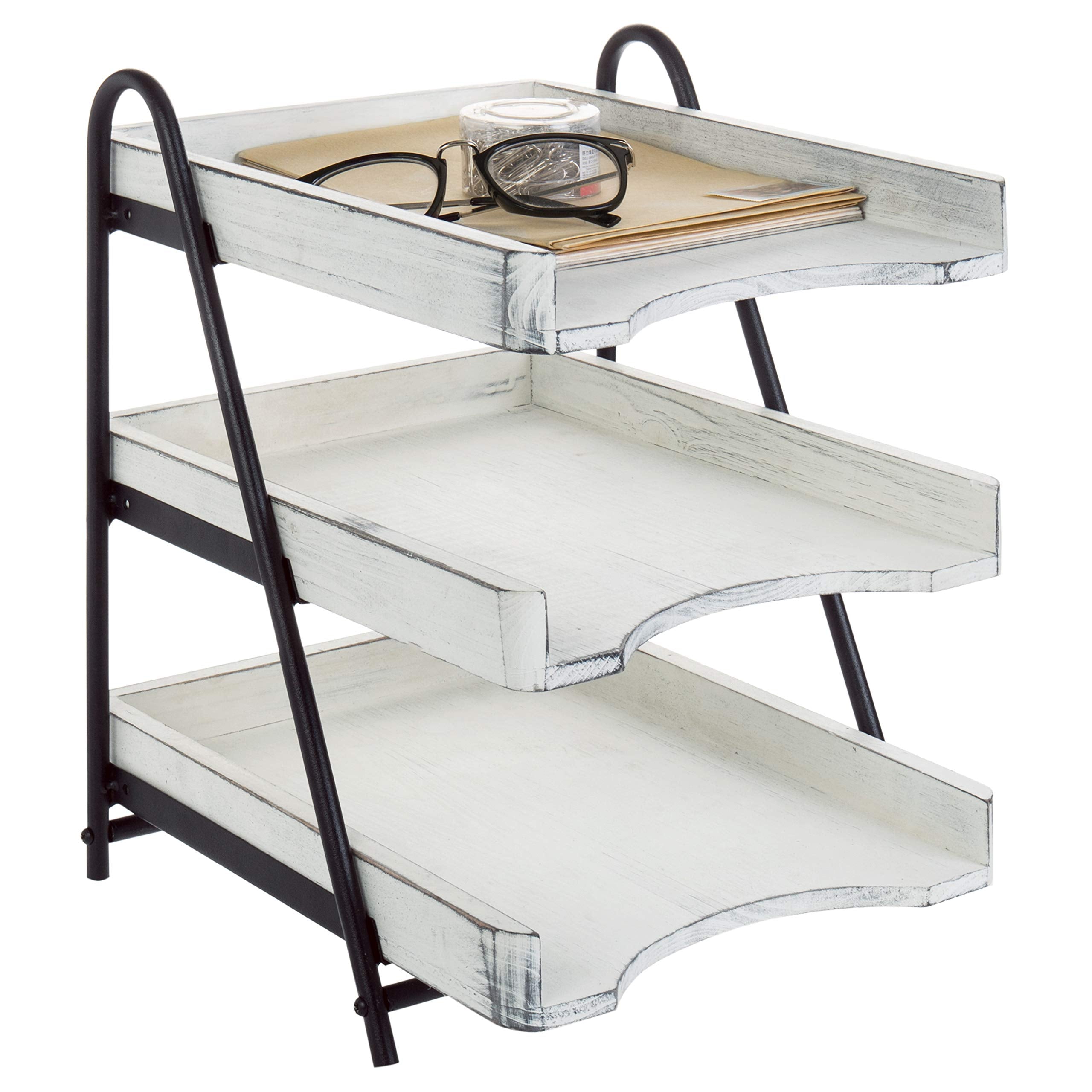 Mygift 3 Tier Vintage White Wood Letter Tray Desktop Organizer With Black Metal Stand, Office Desk Paper Document Sorter, Wooden