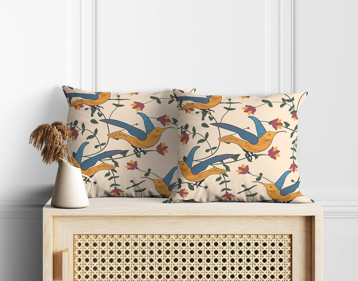 Astitva Cotton Rectangular Pillow Covers Set Of 2 | 20X20 Inch Cushion Cases With Zipper | Birds Land Print  Beige