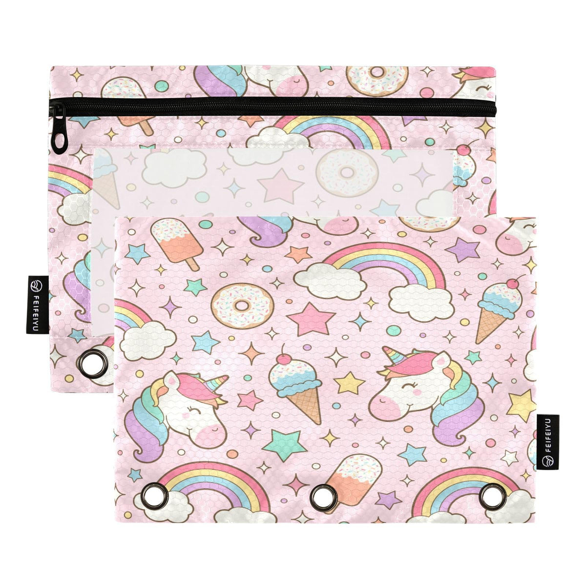Coikll Rainbow Cute Horse Pencil Pouch Fits Standard 3-Ring Binders, Zipper Binder Pencil Bag With Clear Window For Class Office