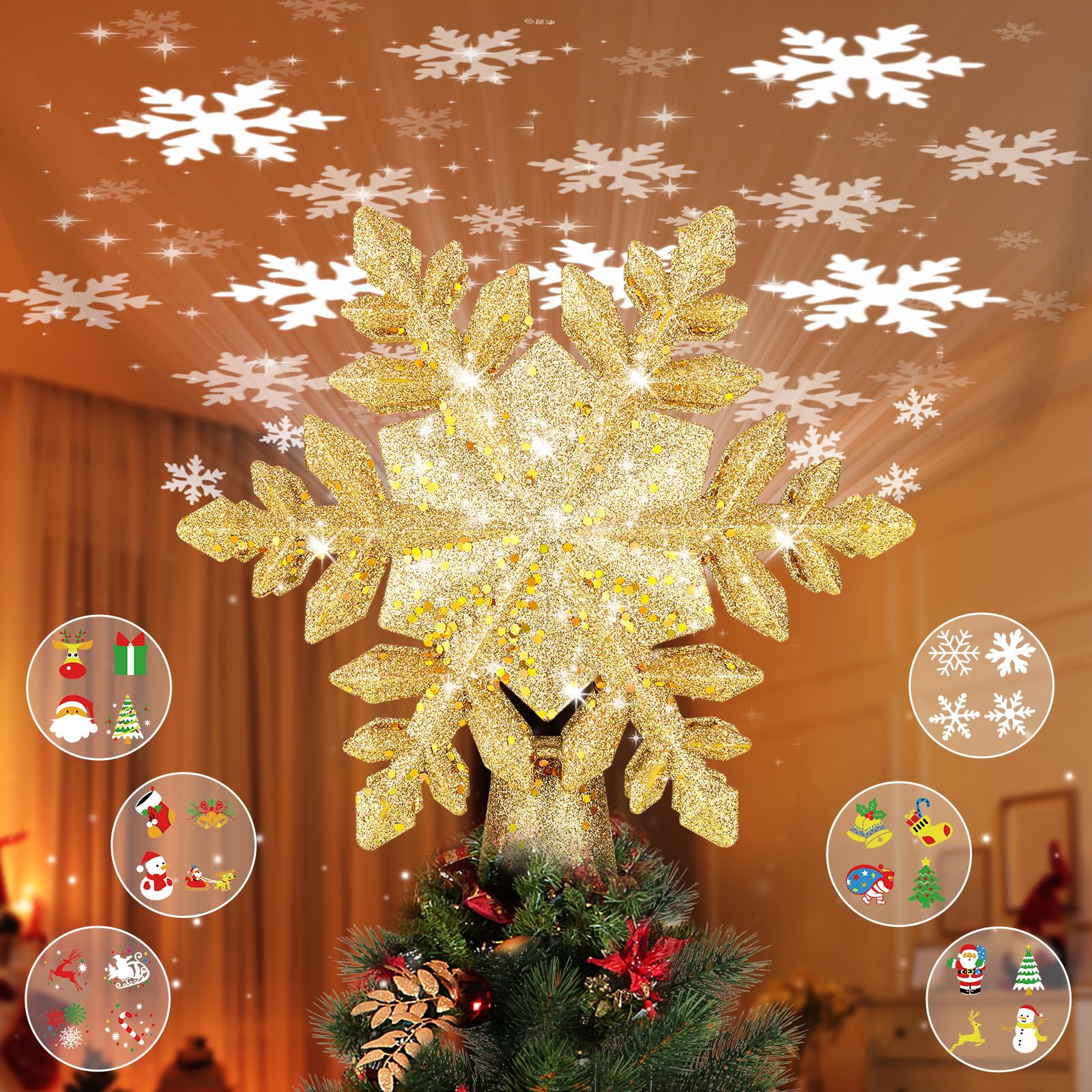 BROSYDA Christmas Tree Topper Lighted, 3D Glitter Snowflake Tree Topper Built-in LED Rotating Lights with 6 Projection Modes, St
