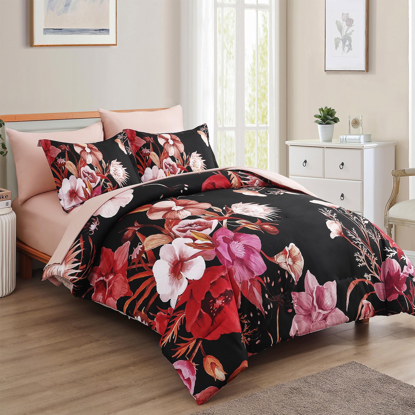 Luxudecor Floral Comforter Set Queen Size 7 Piece, Red Flower Bed In A Bag, Elegant Comforter Bedding Set For All Season (Red, 9
