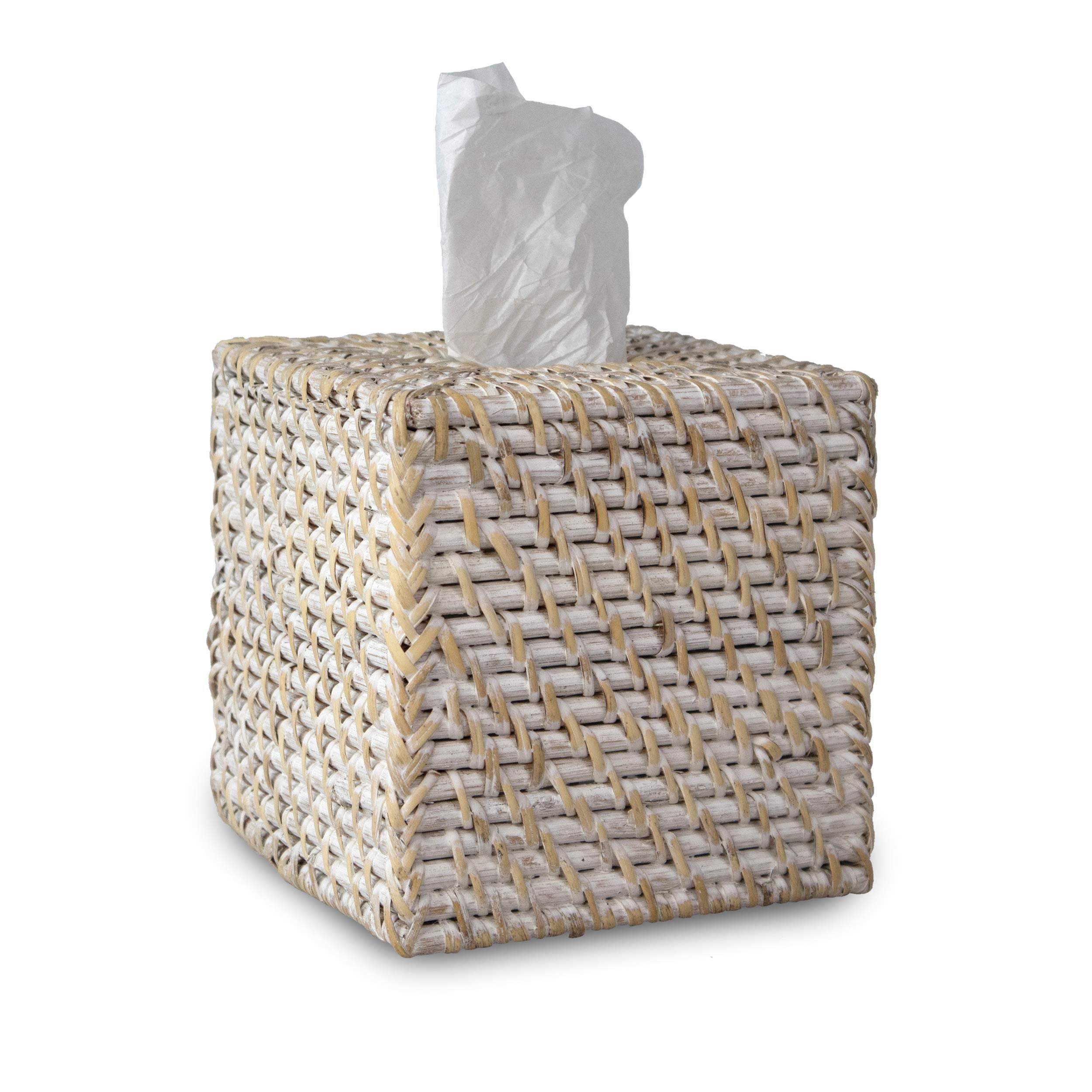 Woven Rattan Square Tissue Box Holder for Kitchen, Bathroom, Car | Decorative Wicker Refillable Facial Paper Napkin Dispenser Ho