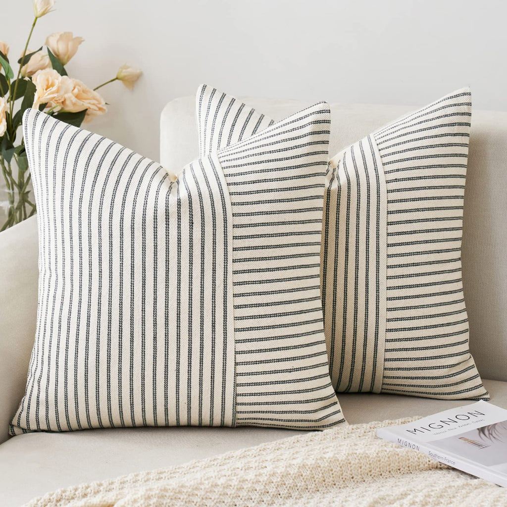 Miulee Grey And Beige Patchwork Farmhouse Pillow Covers 20X20 Inch, Pack Of 2 Striped Linen Decorative Modern Accent Pillow Cases For Sofa Couch Bedroom