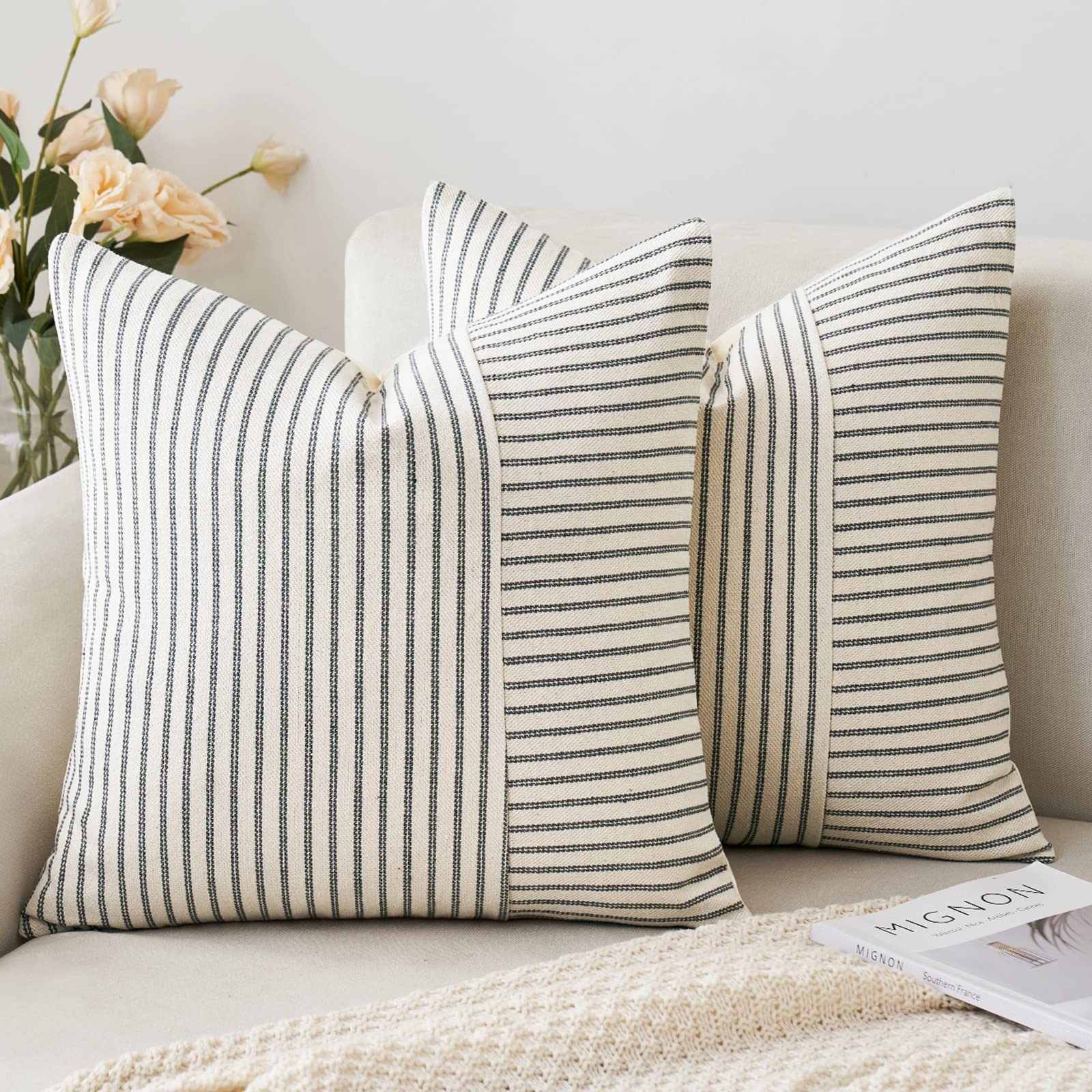 Miulee Grey And Beige Patchwork Farmhouse Pillow Covers 20X20 Inch, Pack Of 2 Striped Linen Decorative Modern Accent Pillow Cases For Sofa Couch Bedroom