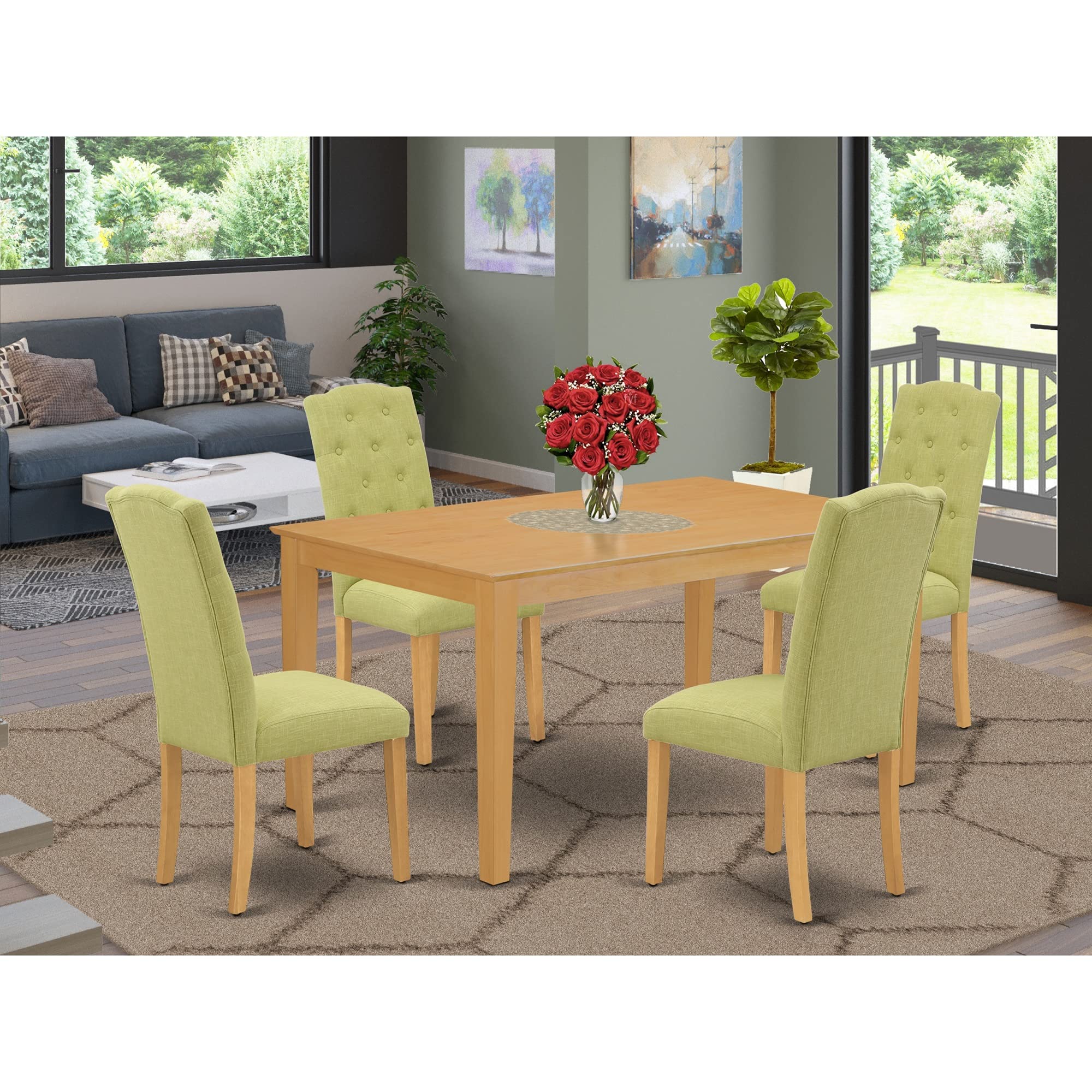 East West Furniture Cace5-Oak-07 5 Piece Dining Room Furniture Set Includes A Rectangle Dining Table And 4 Limelight Linen Fabric Upholstered Chairs, 36X60 Inch, Oak