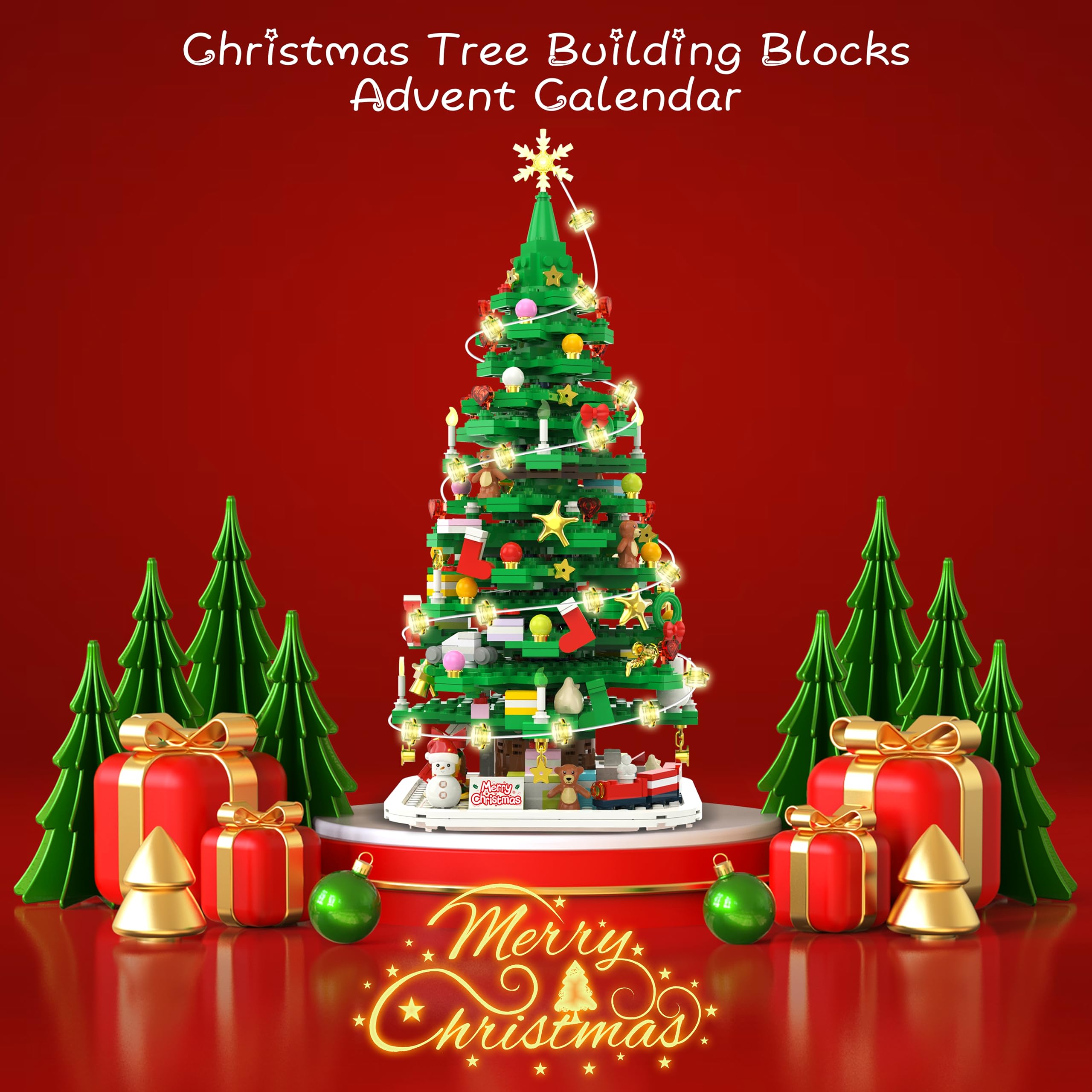 Advent Calendar 2024 Christmas Tree Building Toy Set With Led Light, 1066 Pieces Christmas Countdown Calendar, 24 Days Building