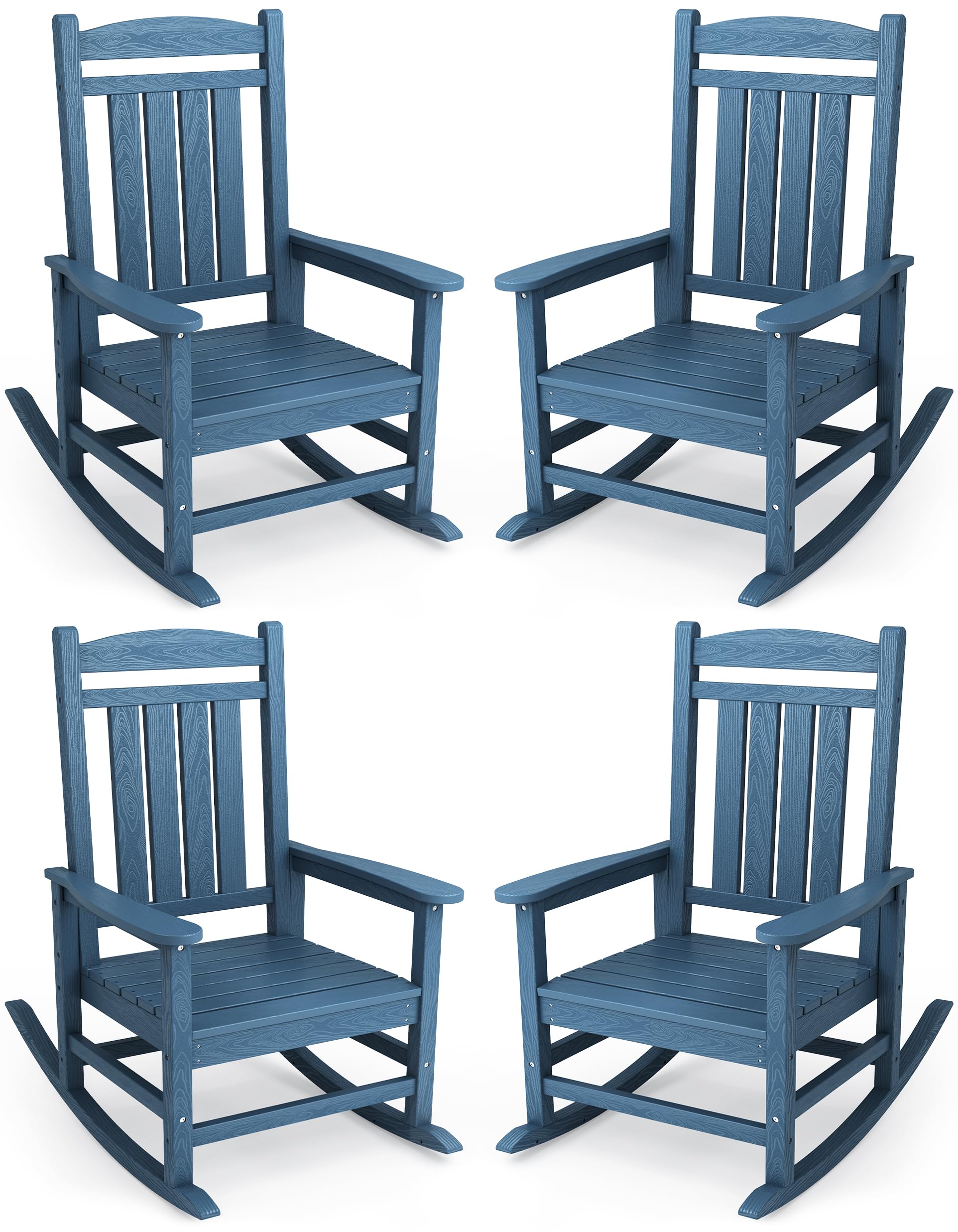 Kingyes Oversized Outdoor Rocking Chair Set Of 4, High Density Polyethylene Patio Rocking Chairs With 350Lbs Support For Adults, Blue