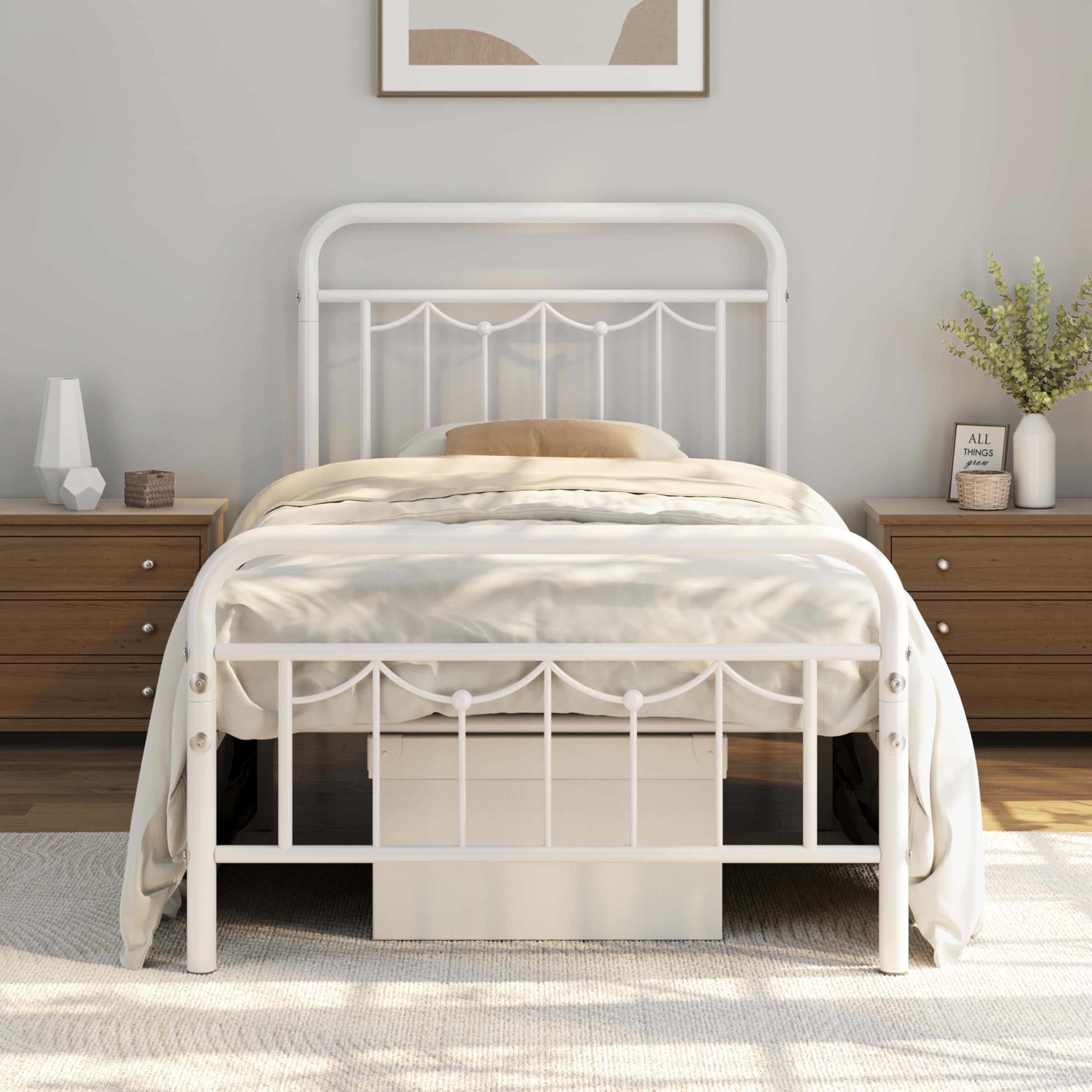 Yaheetech Twin Size Metal Bed Frames With Vintage Headboard And Footboard, Farmhouse Metal Platform Bed, Heavy Duty Steel Slat Support, Ample Under-Bed Storage, No Box Spring Needed, White