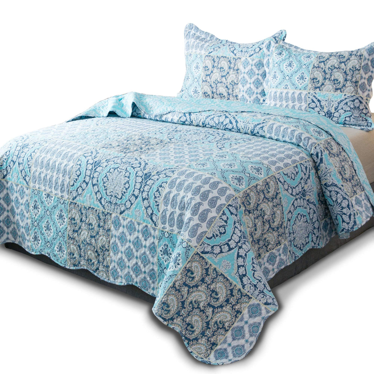 Kasentex Twin Quilt Set Lightweight Bedspread Coverlet(Light Blue Paisley, 86X68)