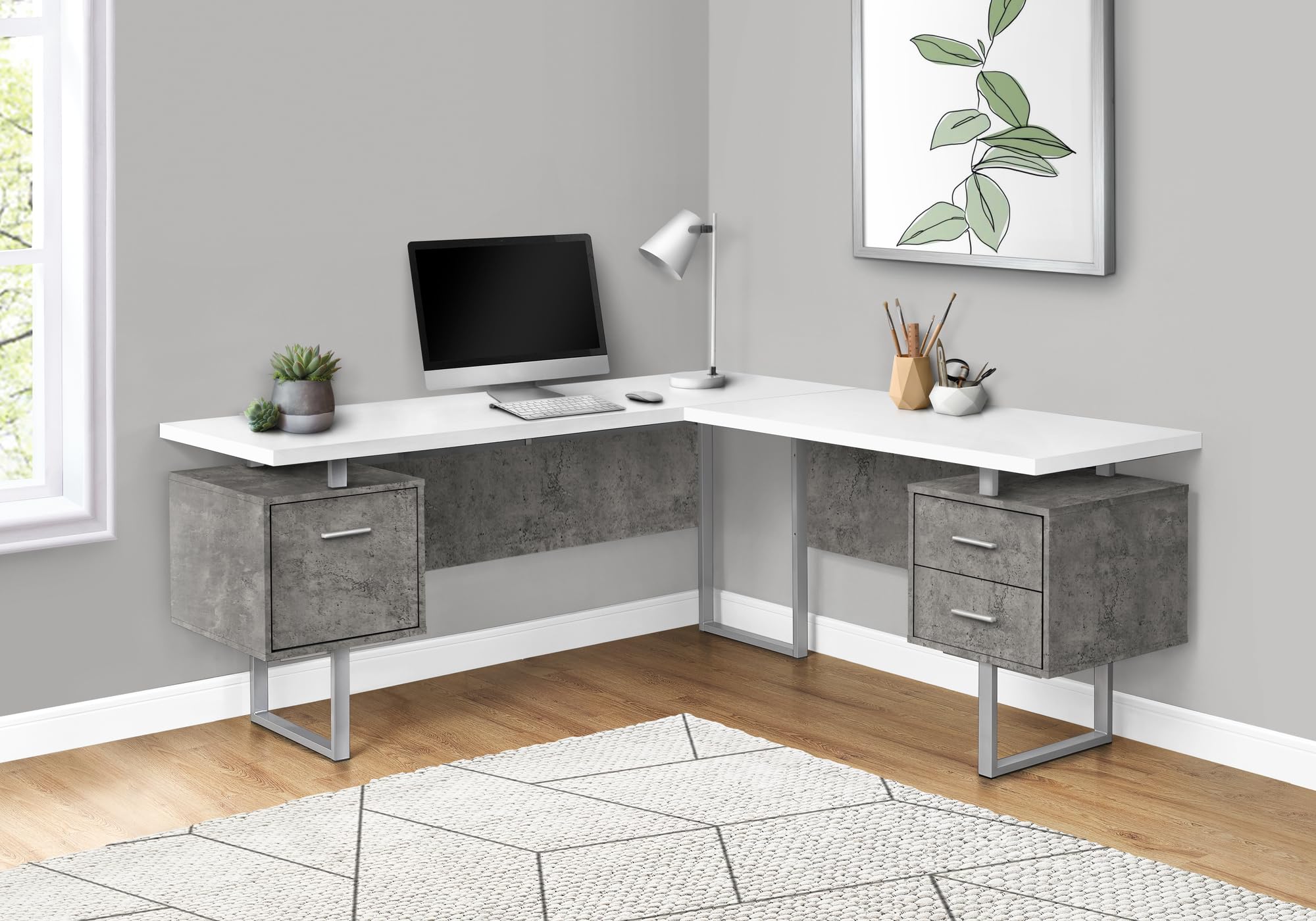 Monarch Specialties I 7618 Computer Desk, Home Office, Corner, Left, Right Set-up, Storage Drawers, 70' L, L Shape, Work, Laptop, Metal, Laminate, Grey, White