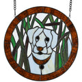 Bieye W10071 White Dog in the Grass Tiffany Style Stained Glass Window Panel, Round Shape, 12 inches Wide