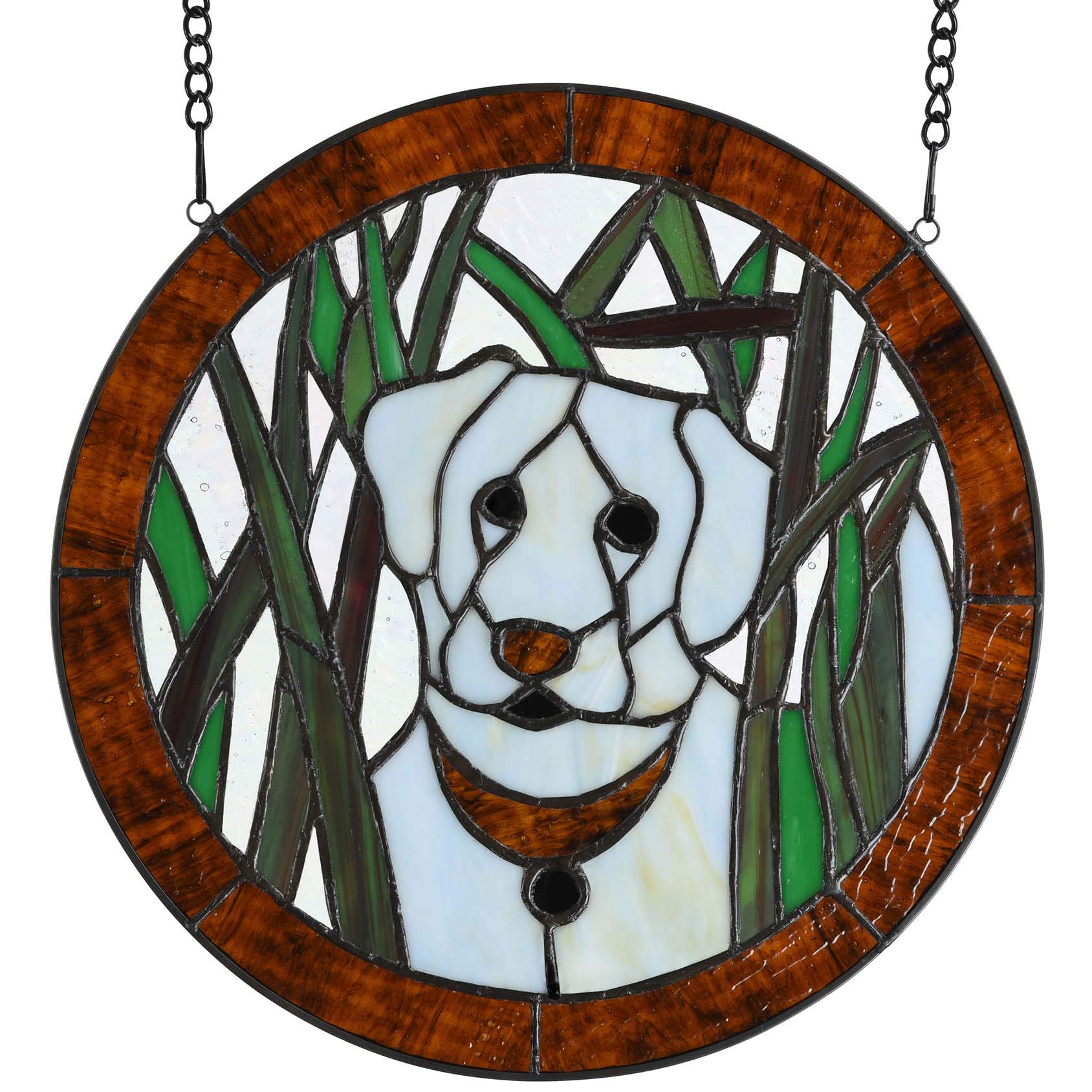 Bieye W10071 White Dog in the Grass Tiffany Style Stained Glass Window Panel, Round Shape, 12 inches Wide