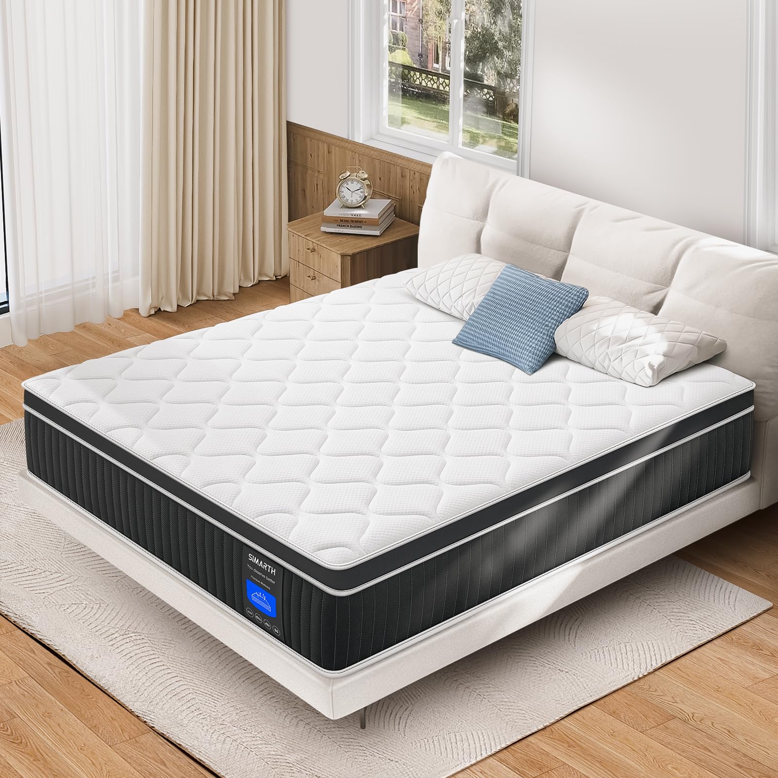 Simarth Queen Mattress 14 Inch, Upgrade Strengthen Queen Size Hybrid Mattresses In A Box, Memory Foam Queen Mattress Made Of Ind
