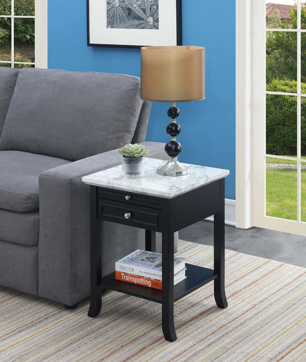 Convenience Concepts American Heritage Logan End Table With Drawer And Slide, White Faux Marble Top/Black