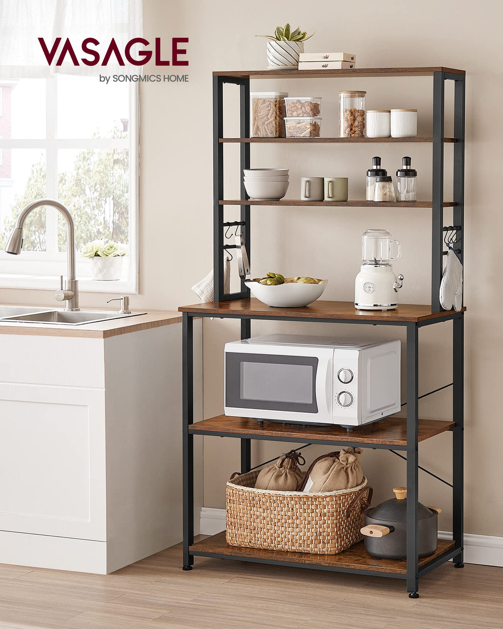 Vasagle Coffee Bar, 31.5 Inches Baker'S Rack For Kitchen With Storage, 6-Tier Kitchen Shelves With 6 Hooks, Microwave Stand, Industrial, Rustic Brown And Black Ukks019B01