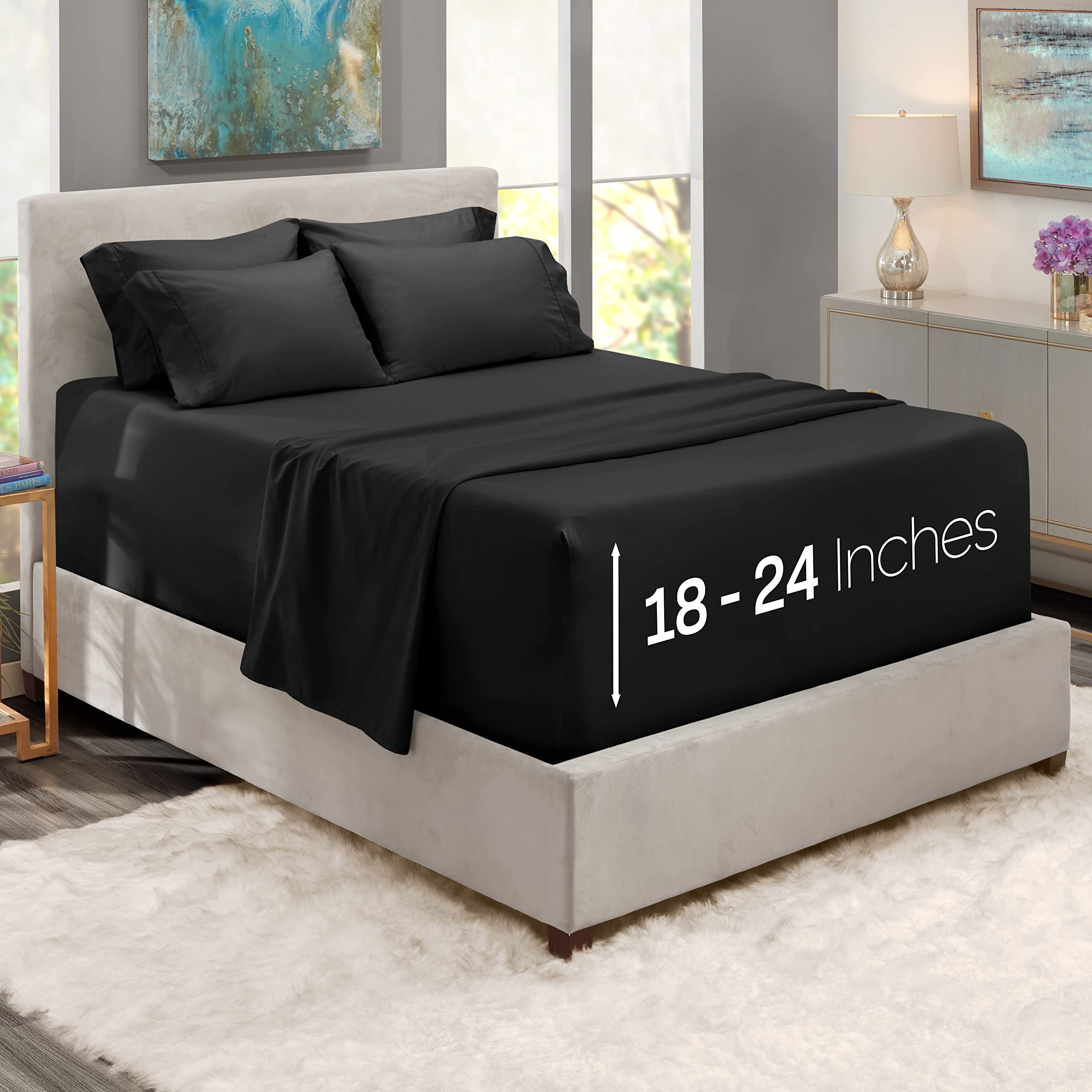 Nestl Extra Deep Pocket Split King Sheet Set - 7 Pc Soft Microfiber Split King Sheet Sets Deep Pocket - Fade Resistant Bedding Sheets & Pillowcases - Split King, Black