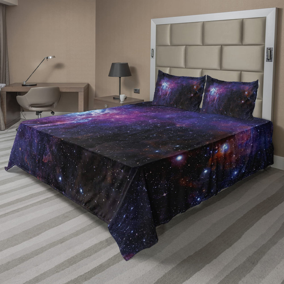 Ambesonne Galaxy Sheet Set, Starry Night Nebula Cloud Celestial Theme Image Space Art Elements Print, Fitted And Flat Sheet With