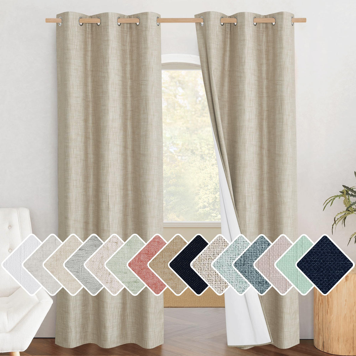 Nicetown Taupe 100% Blackout Linen Curtains 84 Inch Long Burg, Farmhouse Thick Completely Blackout Window Treatment Panels Therm