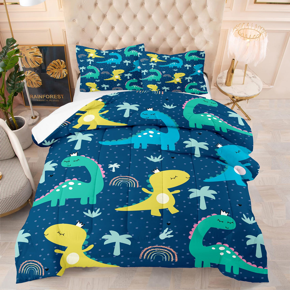 Ninenine Dinosaur Bedding Sets Twin Comforter Sets For Boys,Dark Blue Dinosaur Bedding Sets,Kawaii Cartoon Comforter Sets With 1