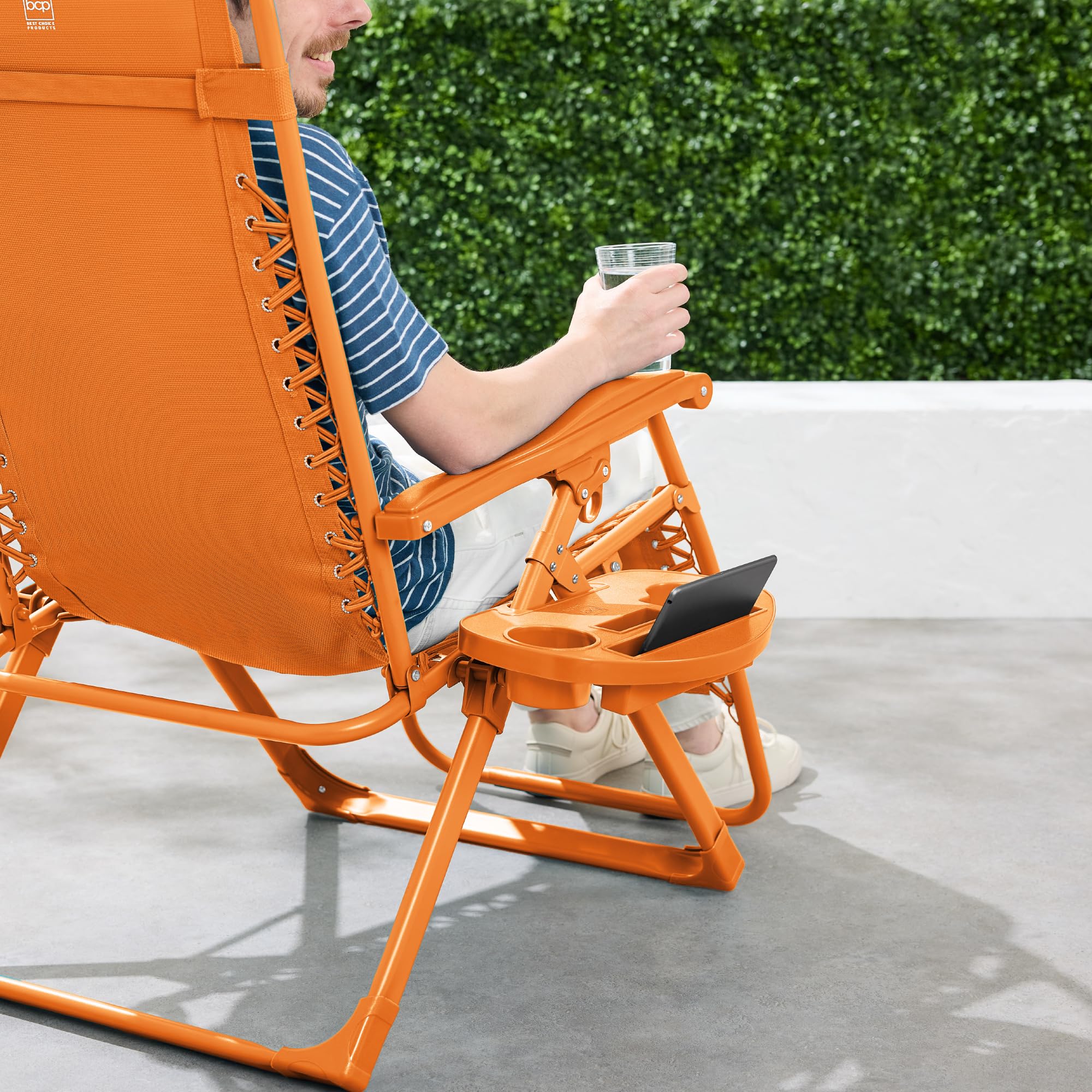 Best Choice Products Adjustable Zero Gravity Chair, Monochromatic Color Folding Patio Recliner W/Side Tray, Headrest - Tangerine