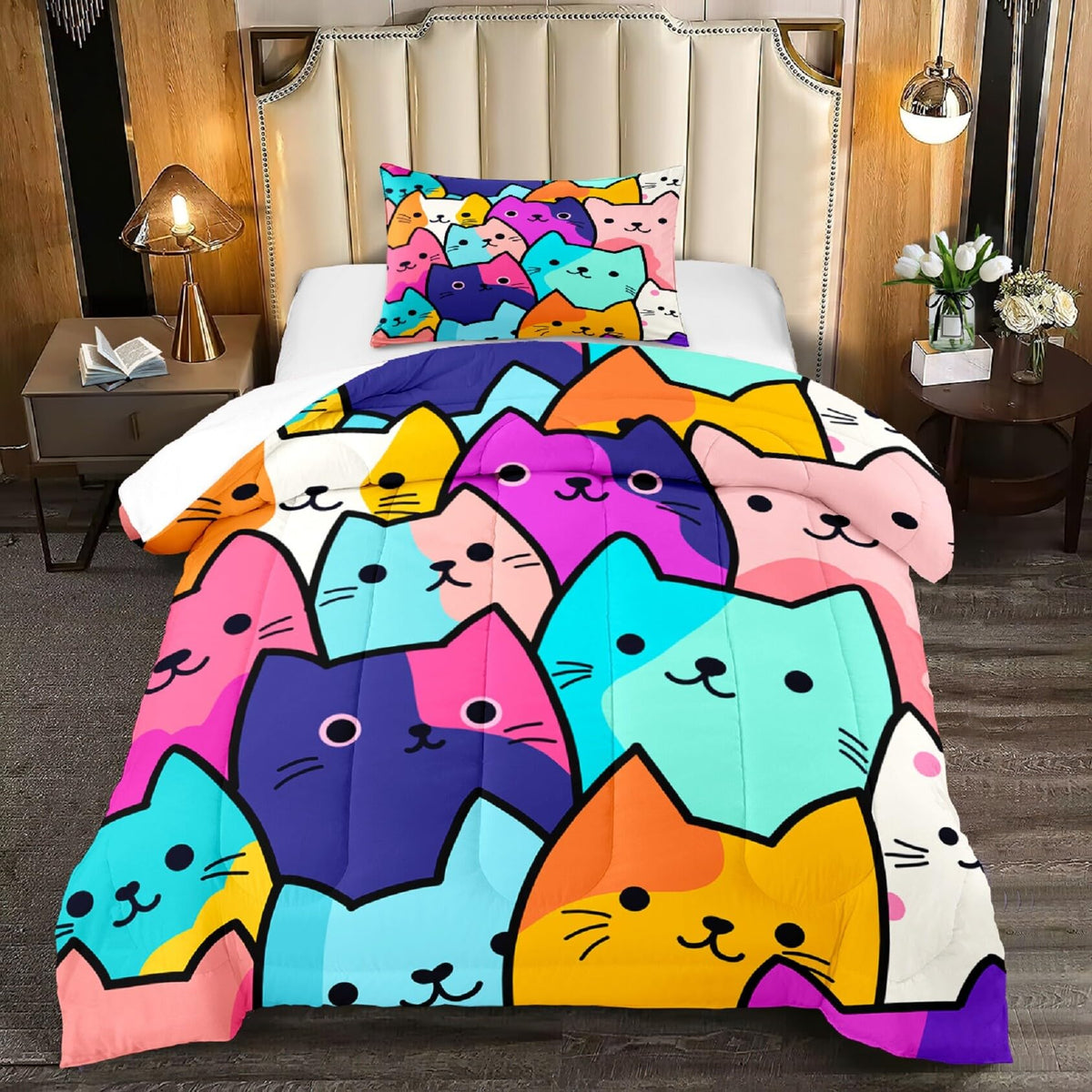 Cat Comforter Set Twin - Twin Size Comforter Set For Girls Cat Kids Cute Cat Bedding Twin Colorful Cartoon Cat Theme Bedding Set