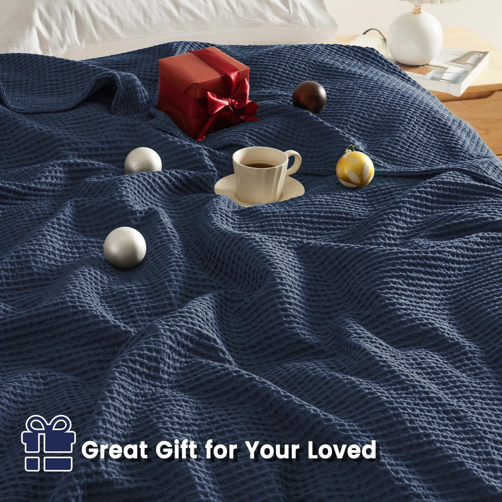 Phf 100% Cotton Waffle Weave Blanket California King Size 120'X 120'- Washed Soft Lightweight Breathable Oversize Huge Blanket For All Season- Extra Large Blanket For Couch Bed Sofa - Dark Navy