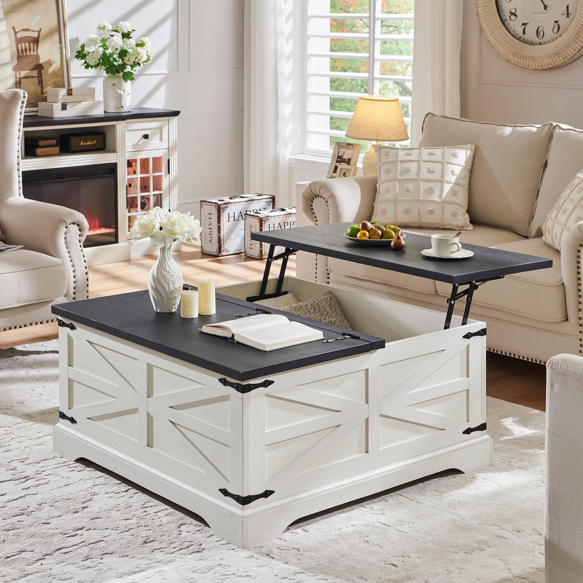 JXQTLINGMU Farmhouse Lift Top Coffee Table with Storage, 36 Wood Square Center Table with Large Hidden Compartment, Rustic Lift 