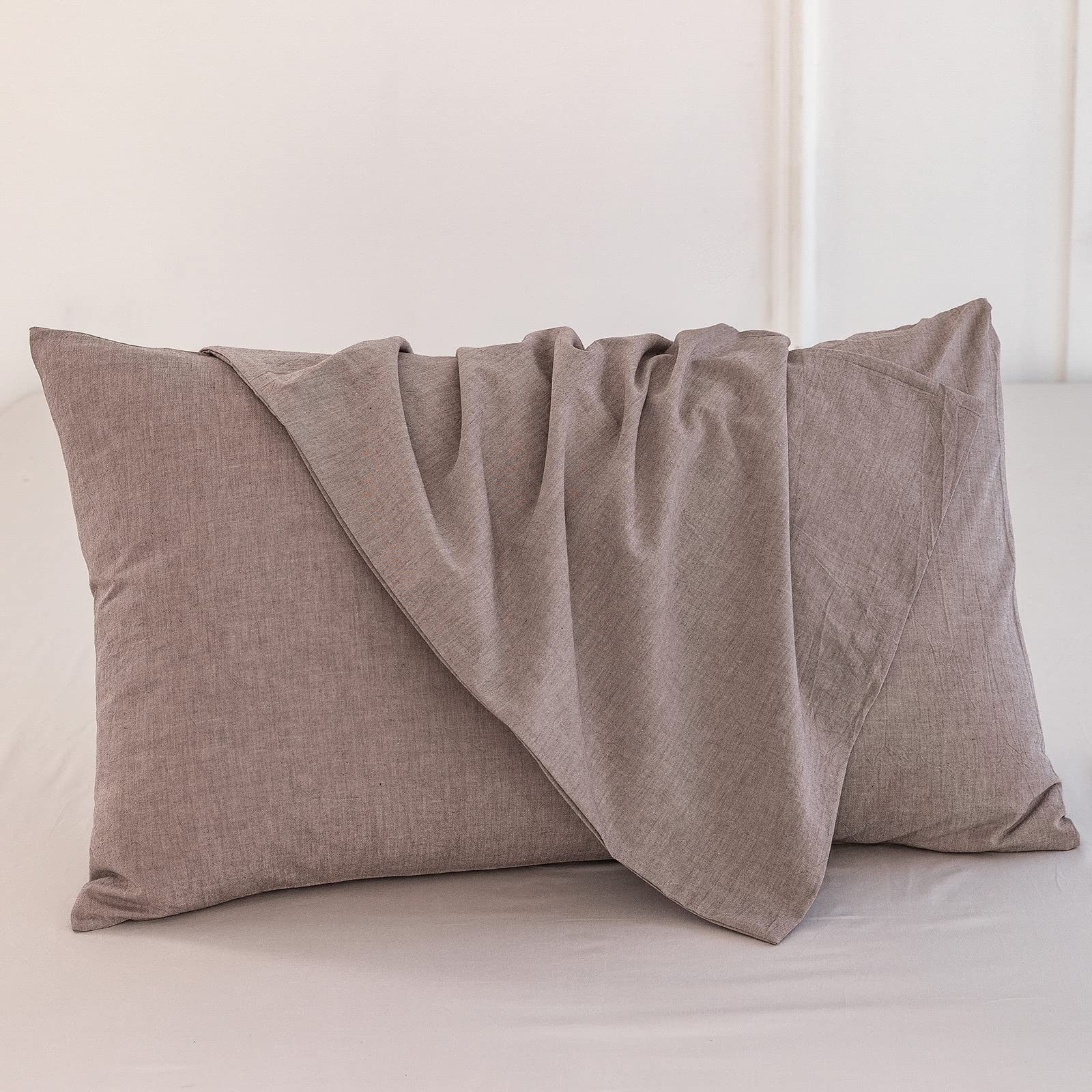 Moomee Bedding Pillowcases Pack Of 2 100% Washed Cotton Linen Like Textured Breathable Durable Soft Comfy (Mauve Brown, Standard