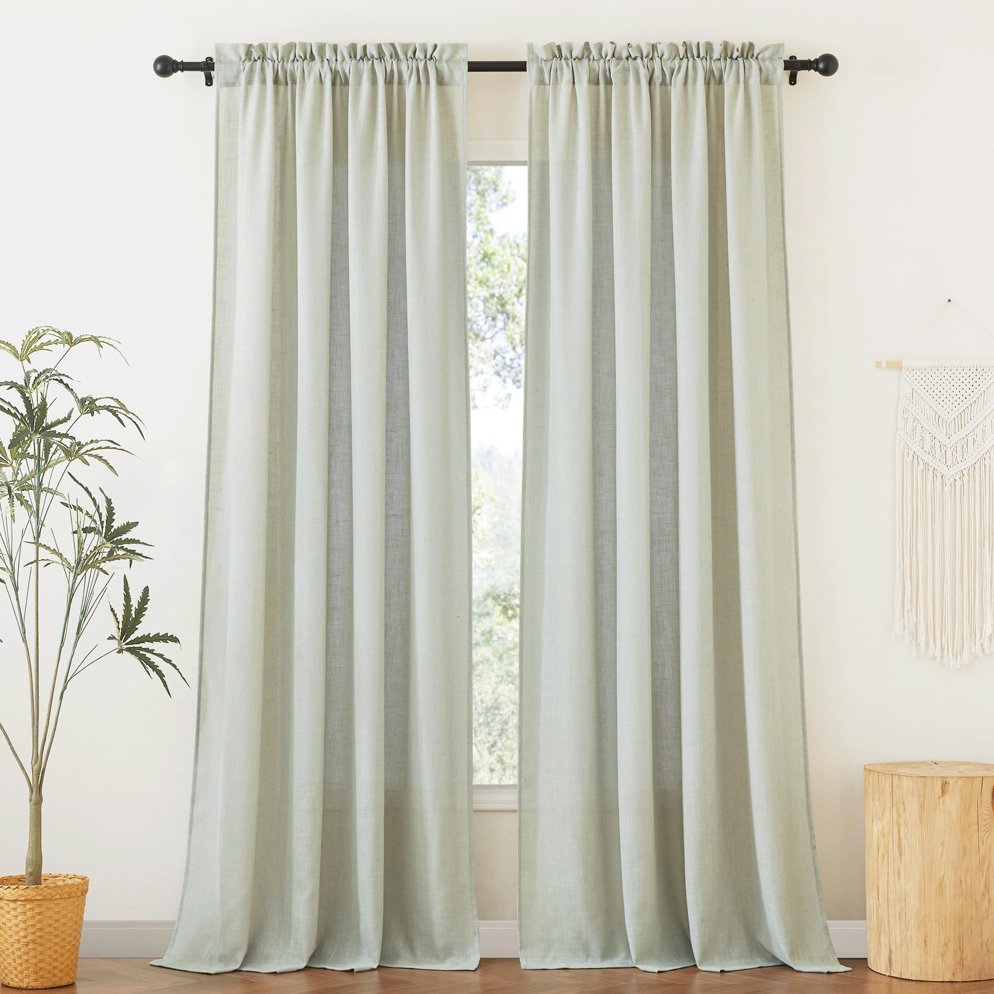Ryb Home Sage Curtains Natural Linen Blend Drapes Semi Sheer Light Filtering Privacy Protected Curtain Panels For Living Room/Li