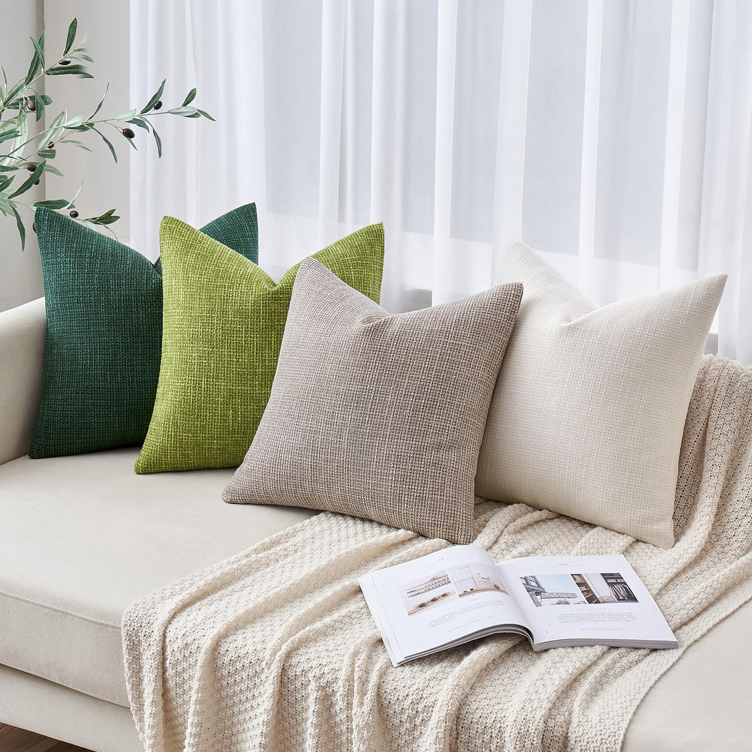 Miulee Burlap Linen Throw Pillow Covers 20X20 Inch Green Decorative Pillow Covers Modern Farmhouse Pillowcases Soft Accent Cushi