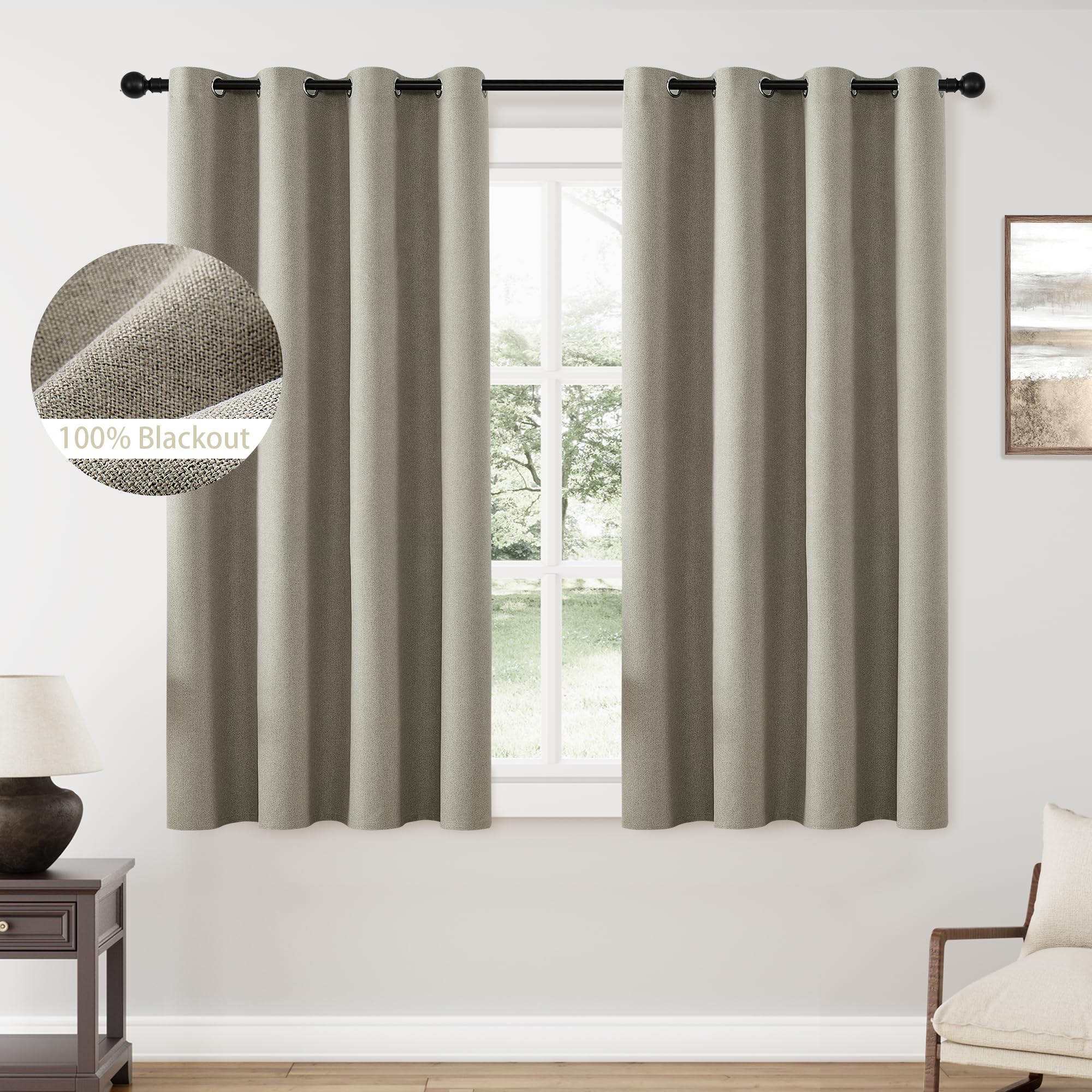 Chrisdowa Linen Textured 100% Blackout Curtains 63 Inches Length, 2 Panels Set Thermal Insulated Linen Curtains For Living Room,