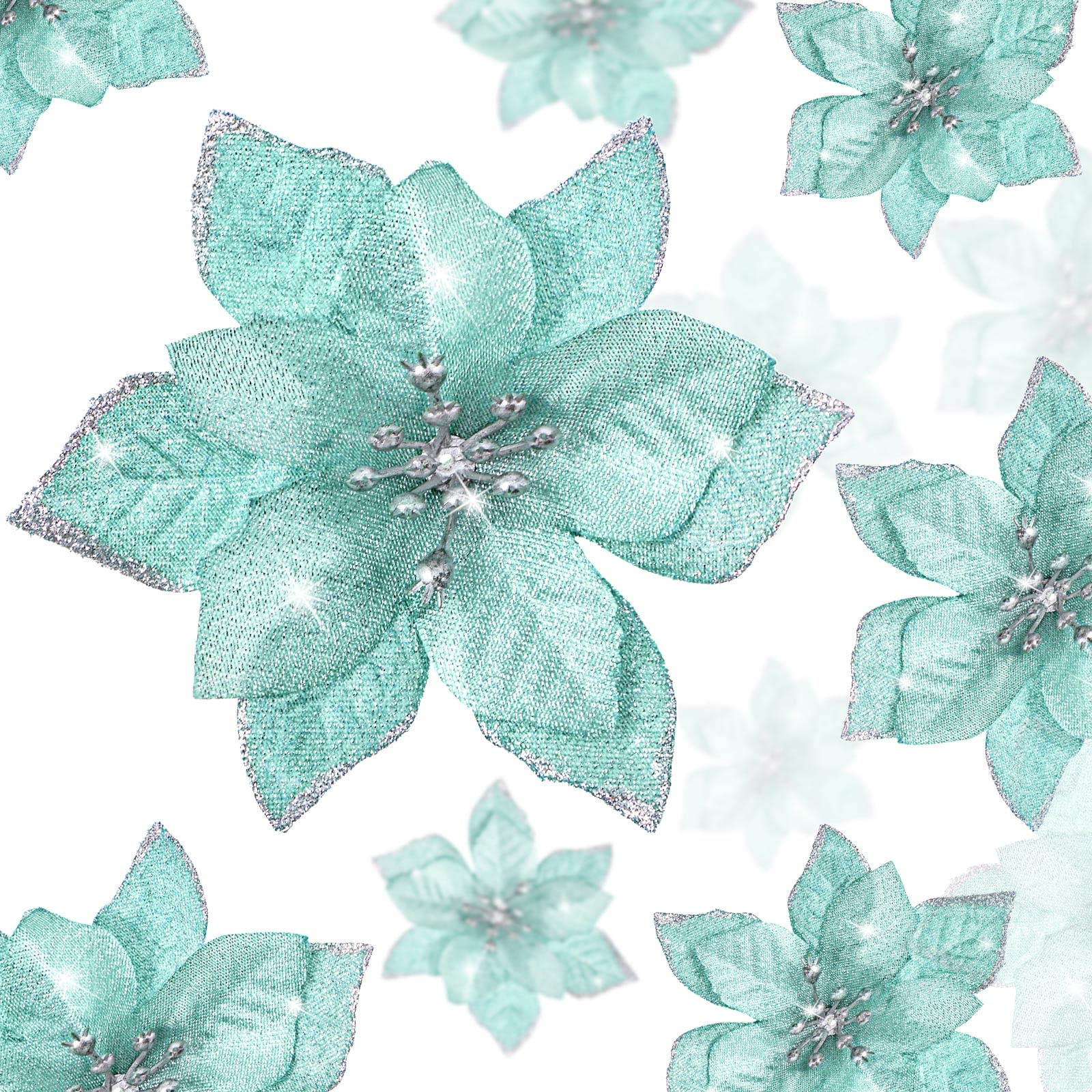 36 Pcs 3 Size Christmas Poinsettia Christmas Tree Flowers Glitter Faux Flowers Decoration Artificial Poinsettia Ornaments For Ch