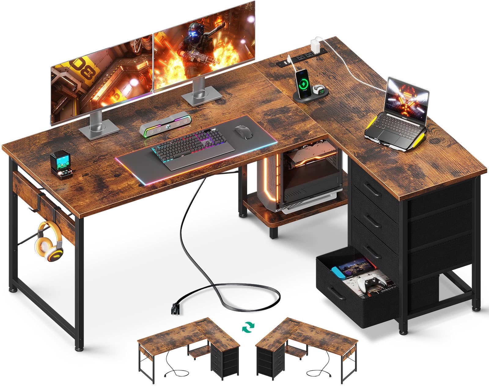 Aodk L Shaped Desk With 4 Tier Drawers, 53' Reversible Gaming Desk With Power Outlets, L Shaped Computer Desk With Usb Charging Port And Host Stand, Home Office Corner Desk, Easy To Assemble, Vintage
