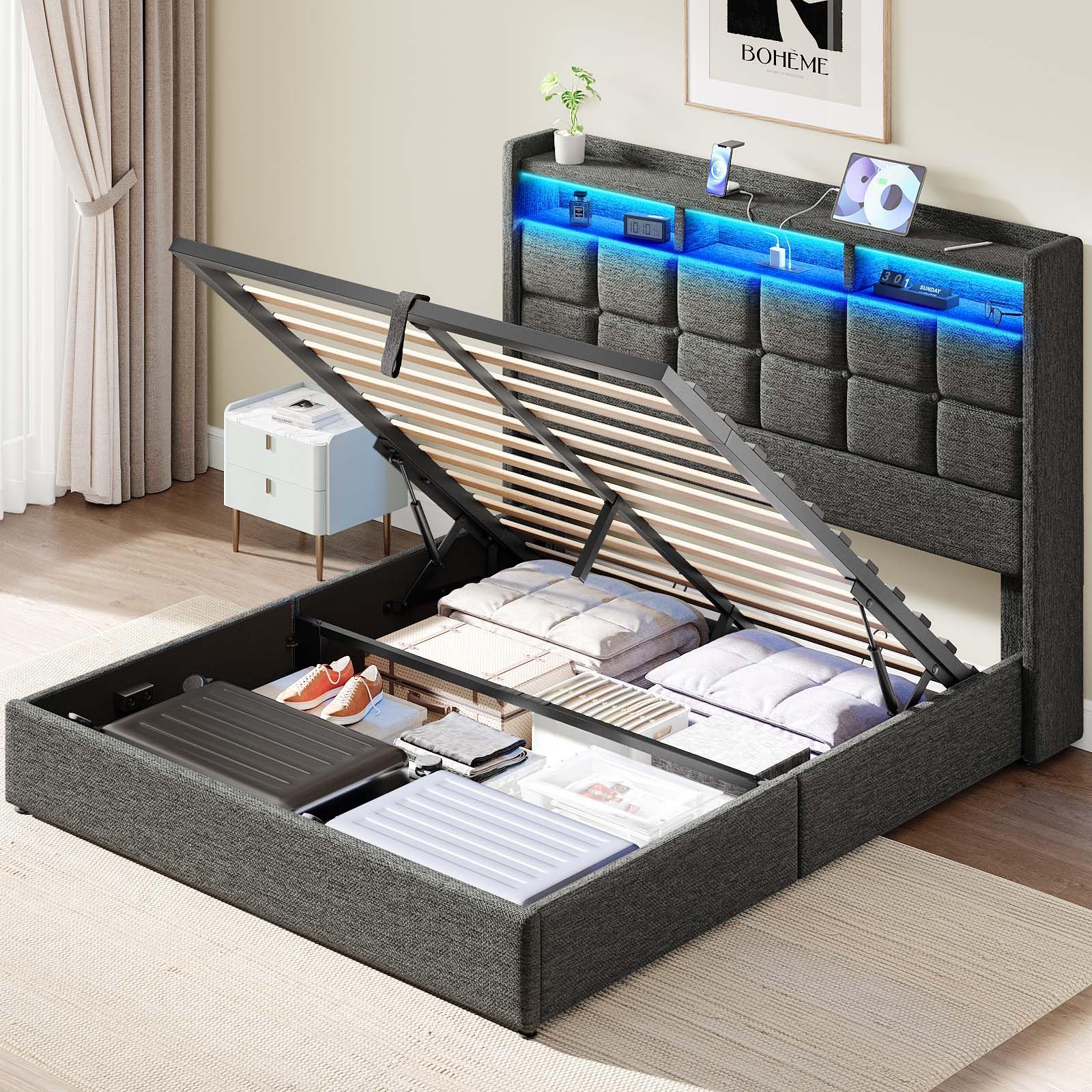 Driftalia Lift Up Full Size Bed Frame with Storage, Upholstered Full Bed Frame with LED Lights Headboard and Charging Station, N