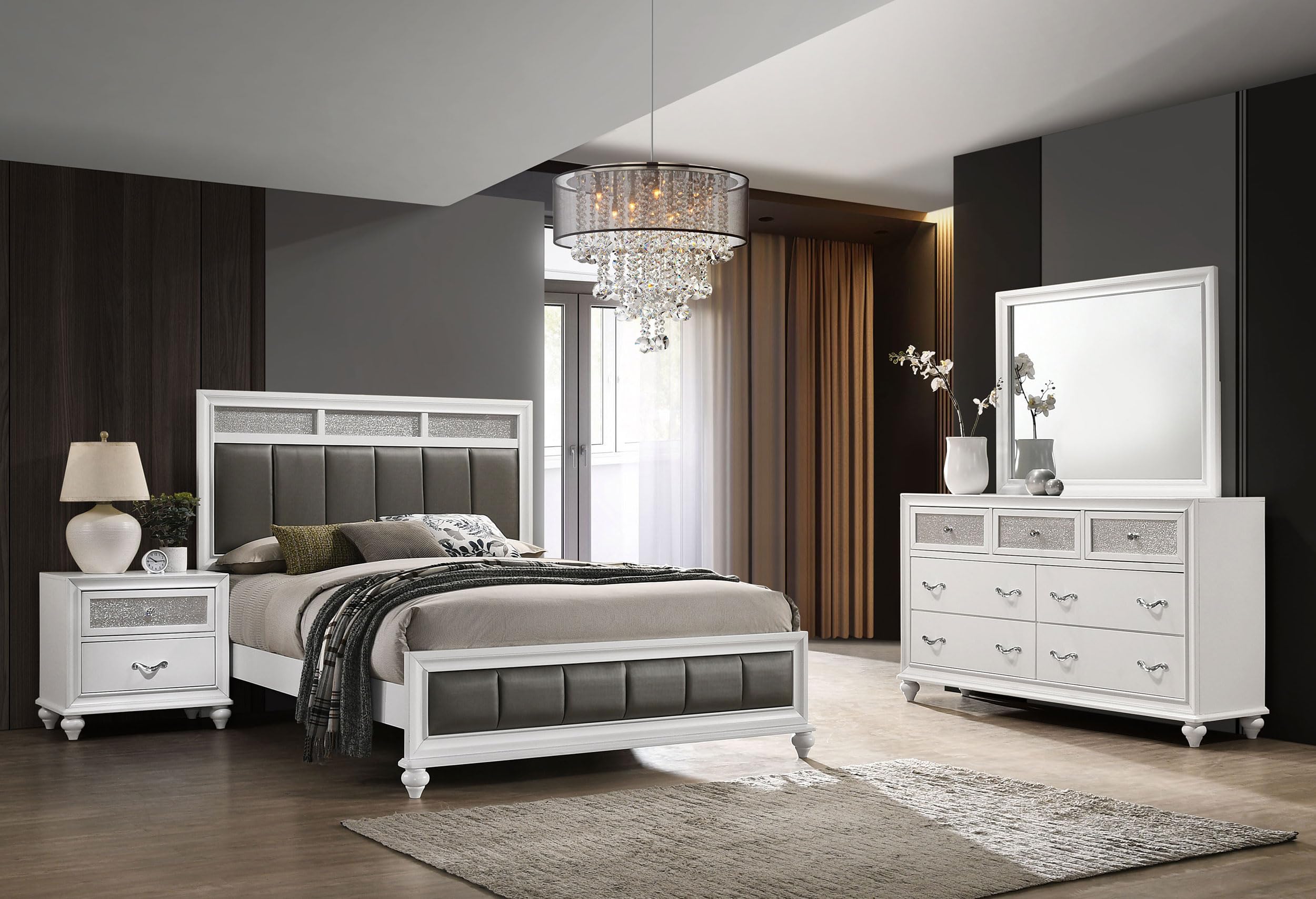 Coaster Home Furnishings Barzini Modern Classic 4-Piece Bedroom Set Leatherette Upholstered Queen Size Panel Bed Frame 56-inch Headboard White 205891Q-S4
