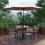 Flash Furniture Lark 7 Piece Outdoor Patio Dining Table Set - 4 Synthetic Teak Stackable Chairs with Arms - 35" Square Table - Tan Umbrella with Base